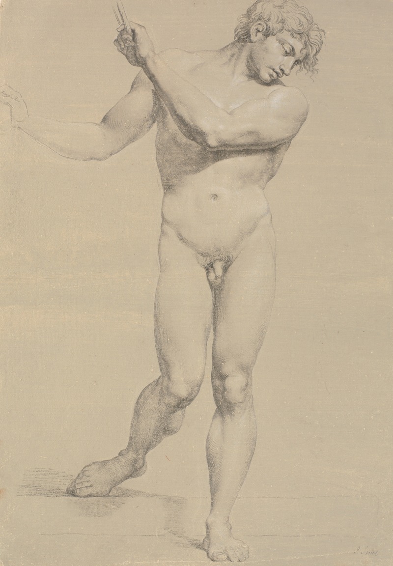 A standing model with raised arms, captured in a neoclassical style.