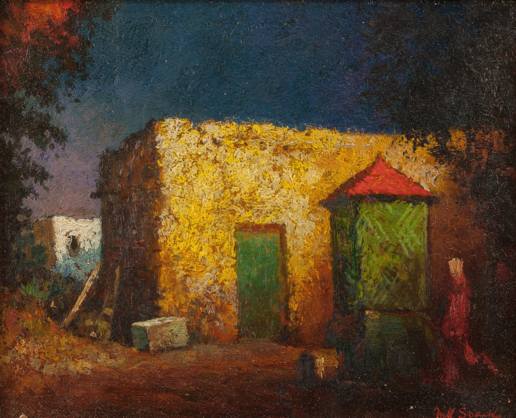 Courtyard Well, New Mexico by Will Sparks, oil on canvas depicting adobe walls and a well under a blue sky