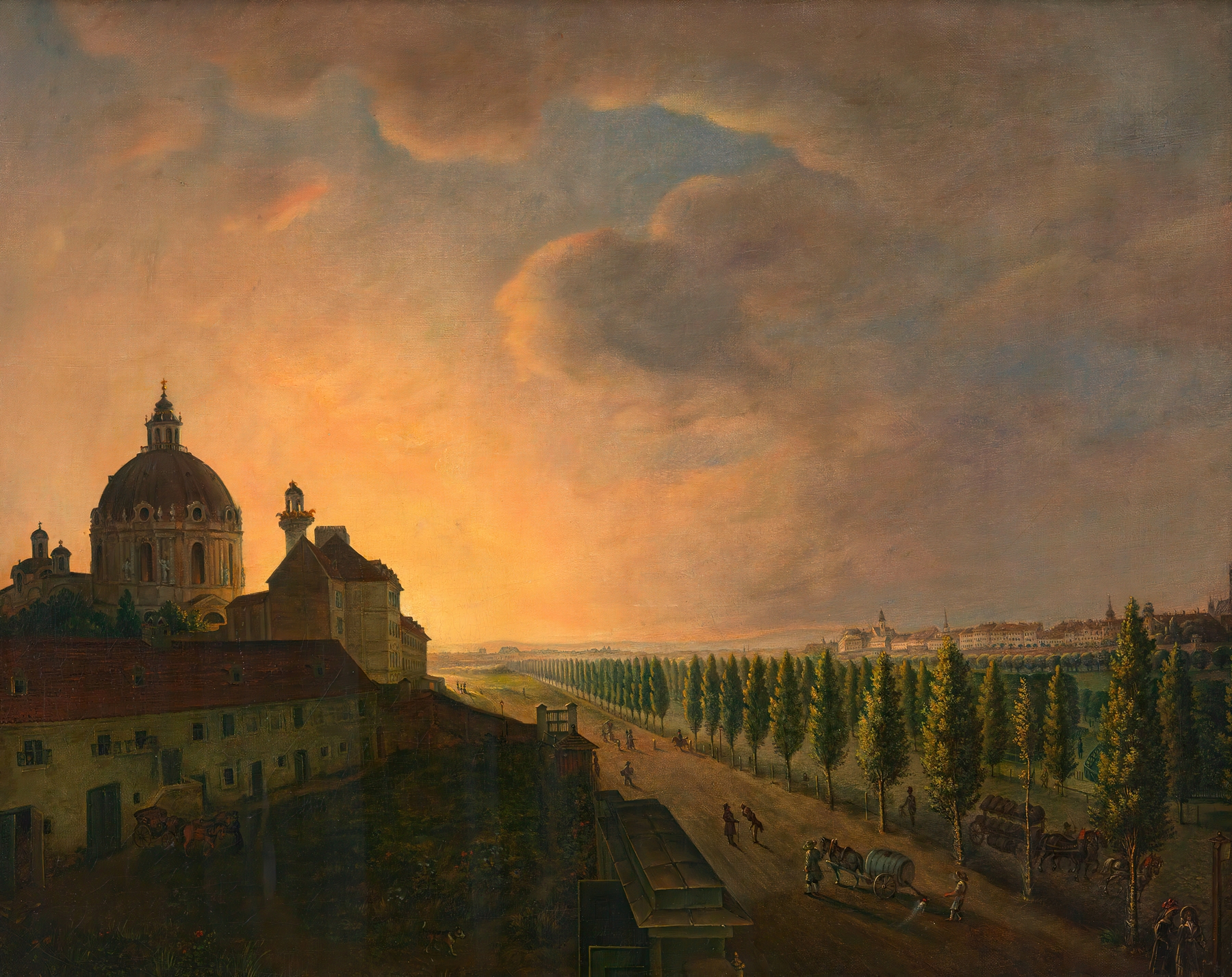 Das Glacis vor der Karlskirche by Josef Ginovszky, oil painting depicting the Karlskirche at twilight.
