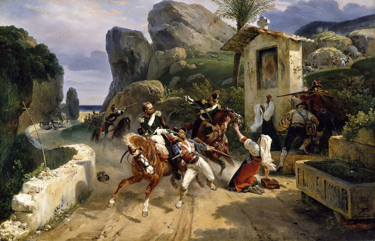 Horace Vernet's painting depicts a dramatic encounter between Italian brigands and papal troops.