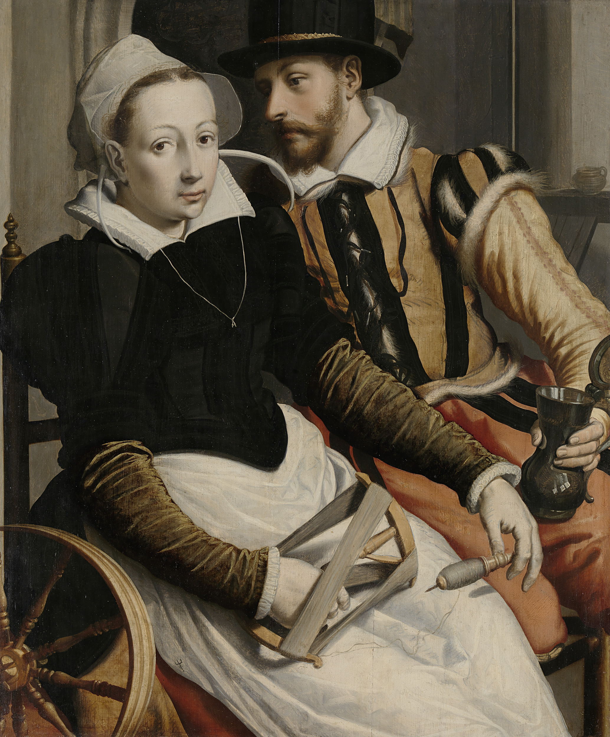 Man and woman at a spinning wheel, oil on panel by Pieter Pietersz.