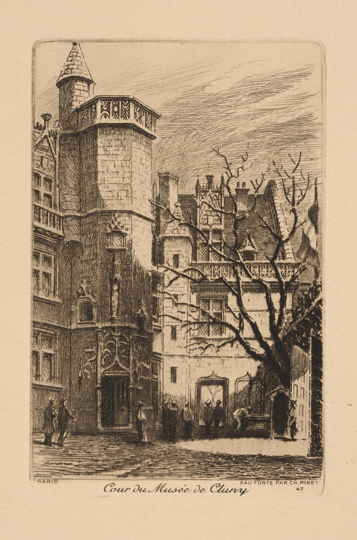 Cour du Musee de Cluny by Claude Pinet, oil on canvas, featuring stone architecture.