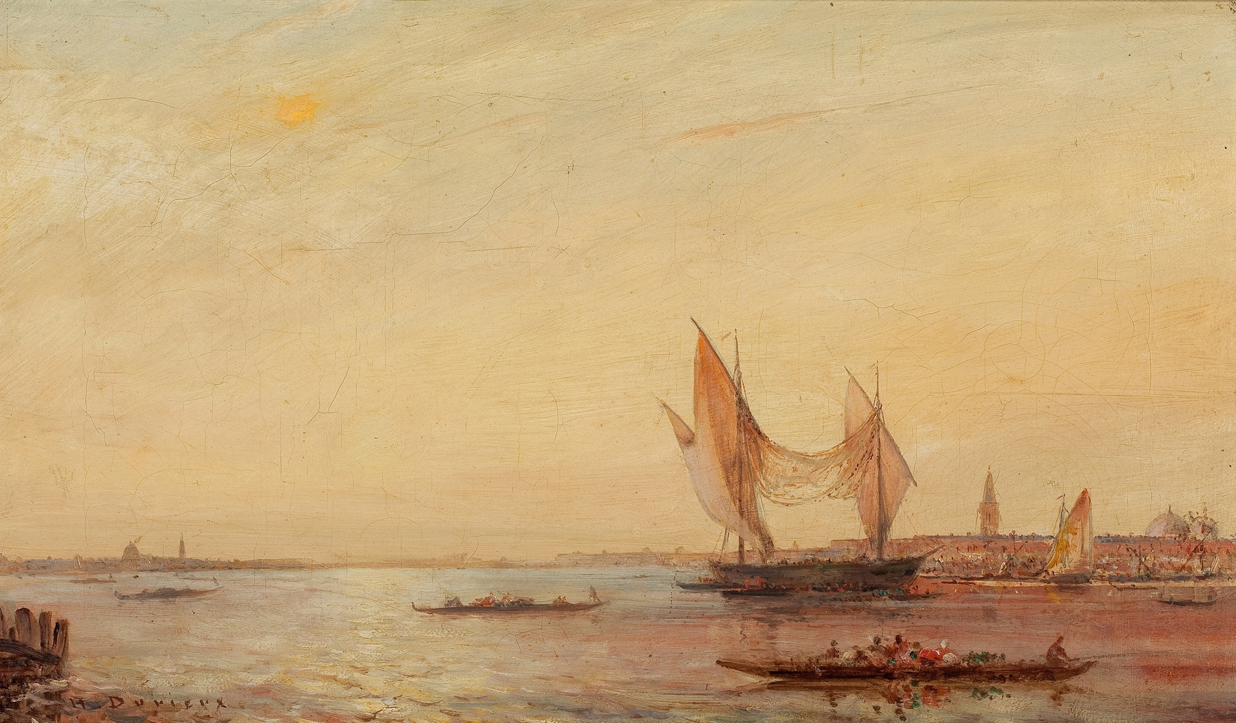 Harbor scene oil painting by Henri Duvieux depicting boats and twilight reflections on water.