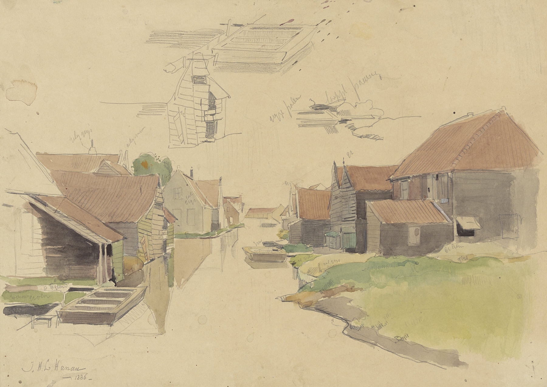 Architecture study by Jan H.L. Hanau, 1886, depicting Amsterdam houses and cobblestones.