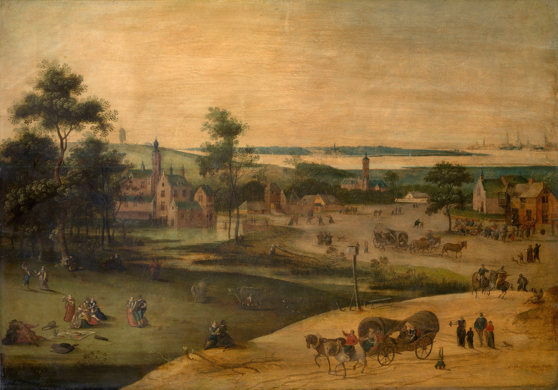 Village at the Scheldt, oil painting by Jacob Grimmer depicting a sunset over a river.
