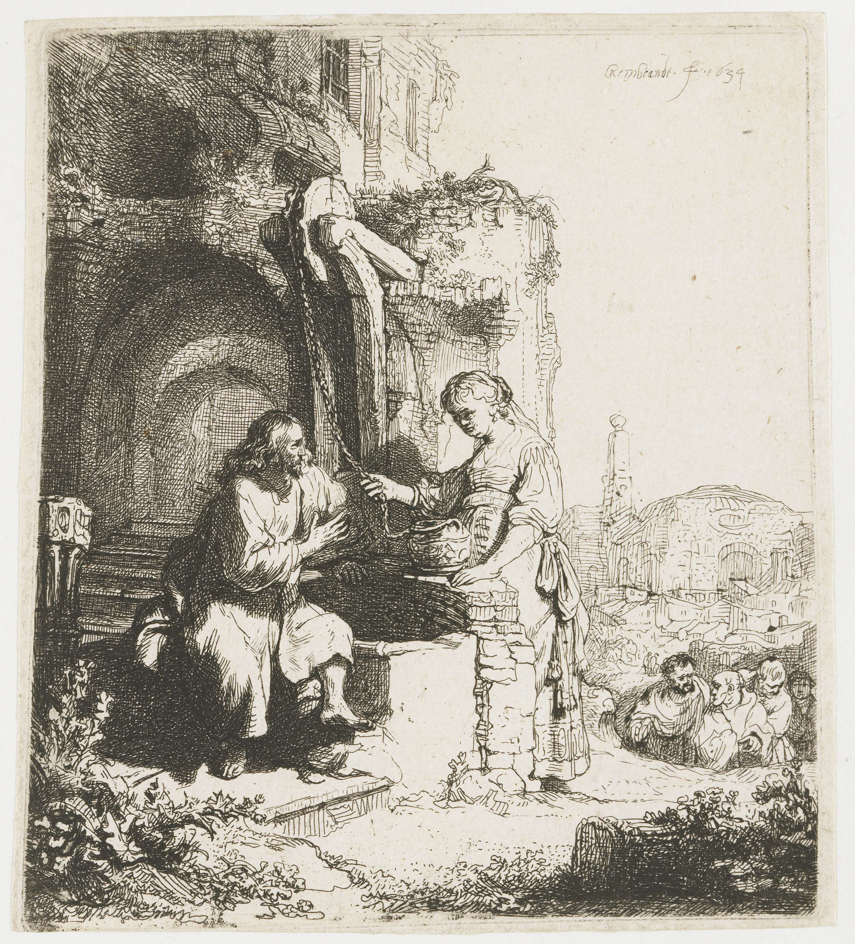 Etching by Rembrandt van Rijn depicting Christ and the Samaritan woman at Jacob's well.