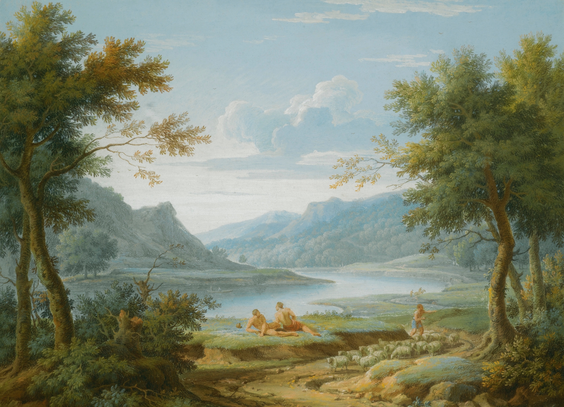Rococo landscape featuring gentle hills and a vast sky by George Lambert