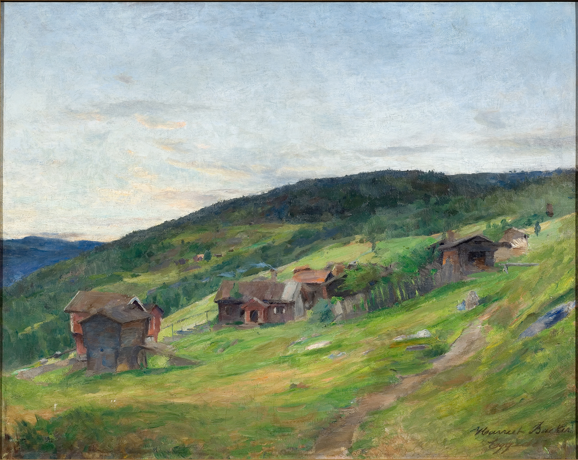 Landscape, Eggeda by Harriet Backer, oil on canvas depicting hillside, water, and clouds