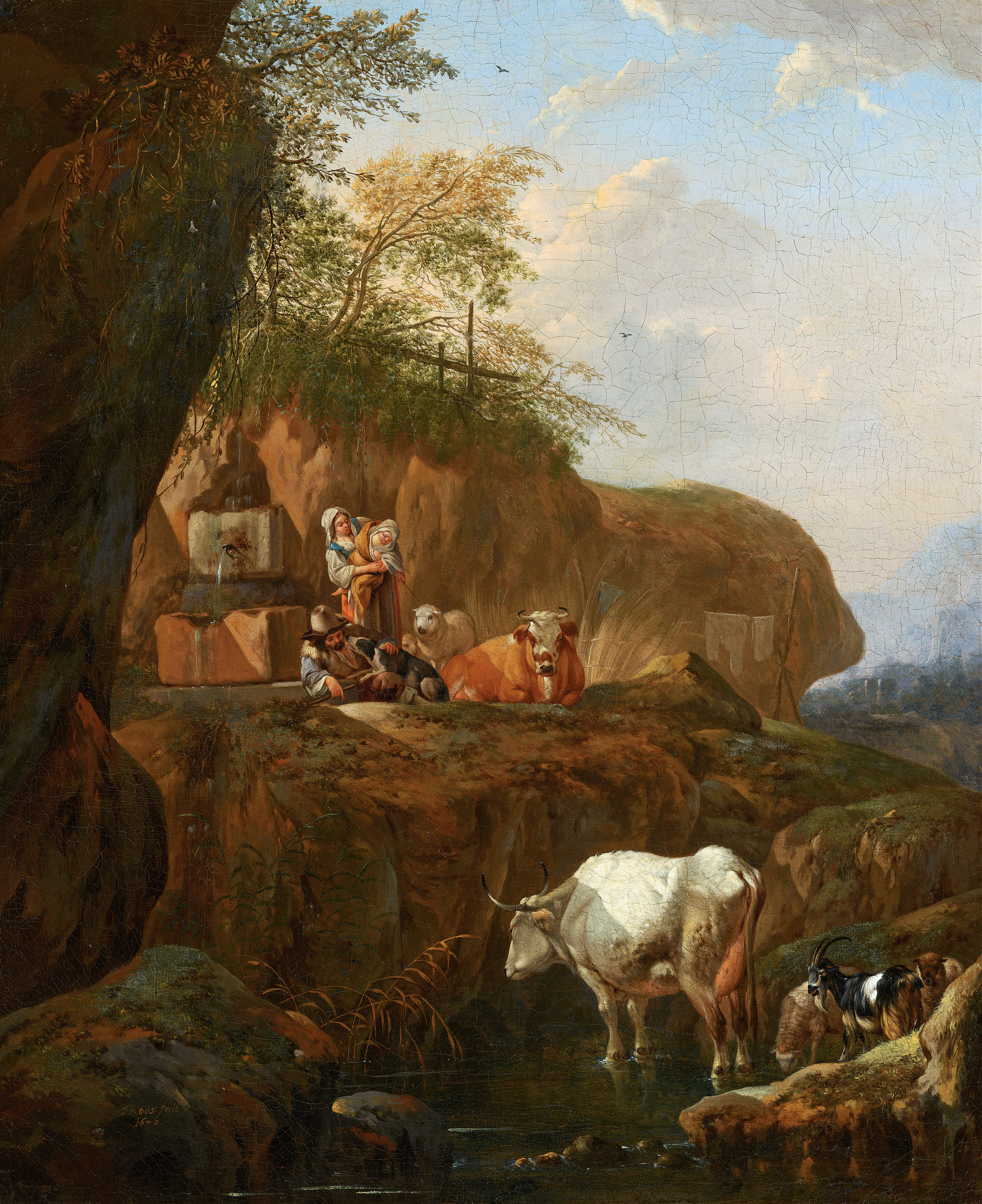 Italian Landscape by Johann Heinrich Roos, oil painting depicting a serene nature scene with trees and a path.
