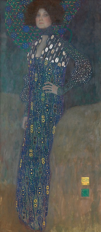 A portrait of Emilie Flöge by Gustav Klimt showcasing intricate patterns and vibrant colors.