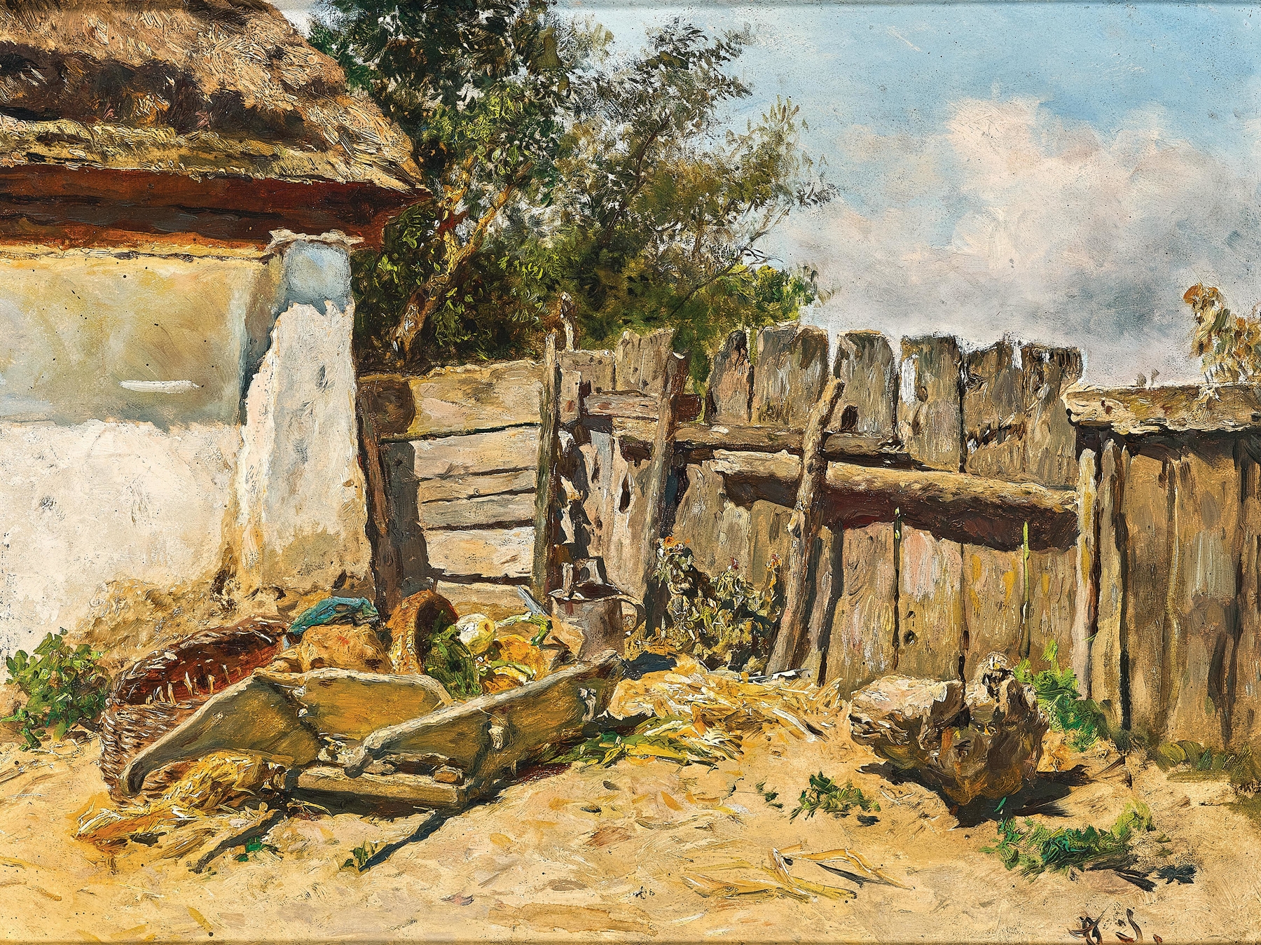 A Rustic Garden by Anton Schrödl, oil on canvas, featuring a figure among vibrant flowers.
