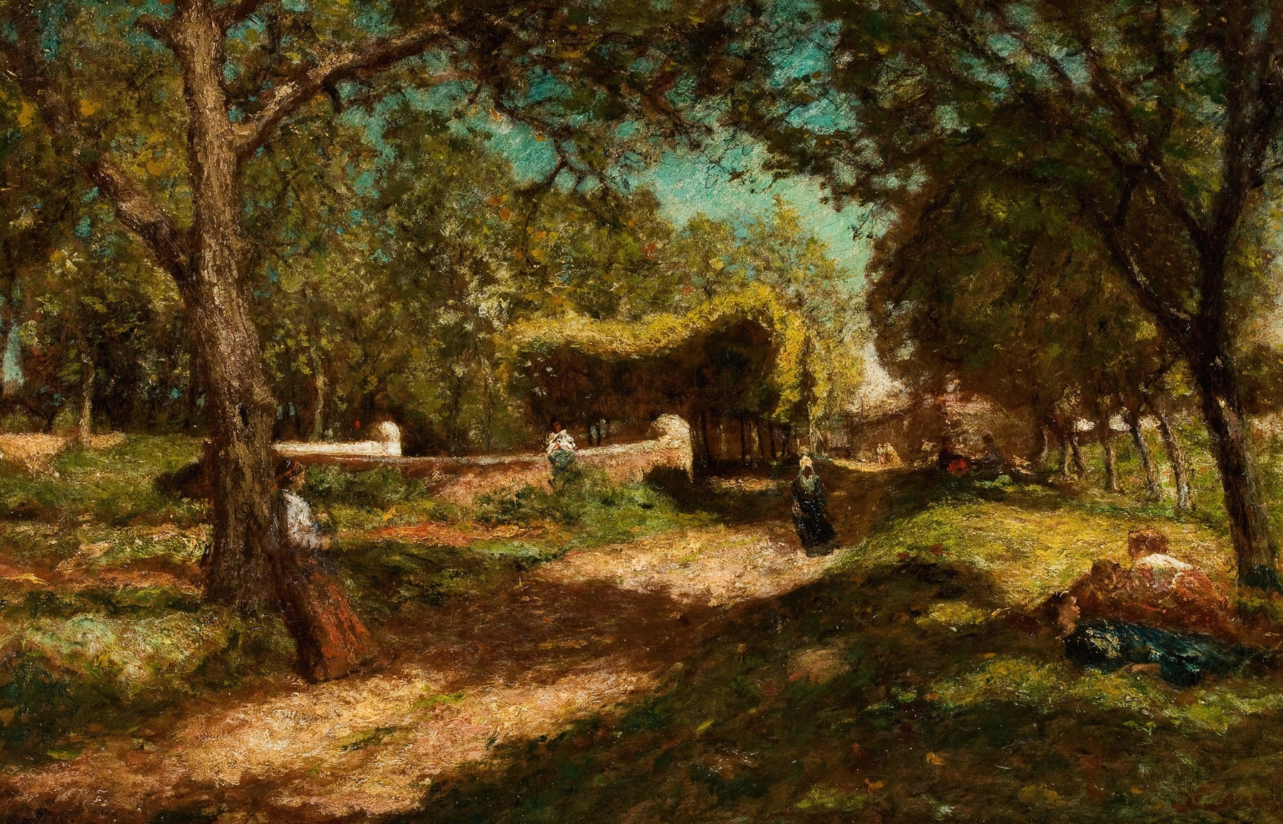 Vibrant landscape with animated figures by Adolphe Monticelli, oil painting.