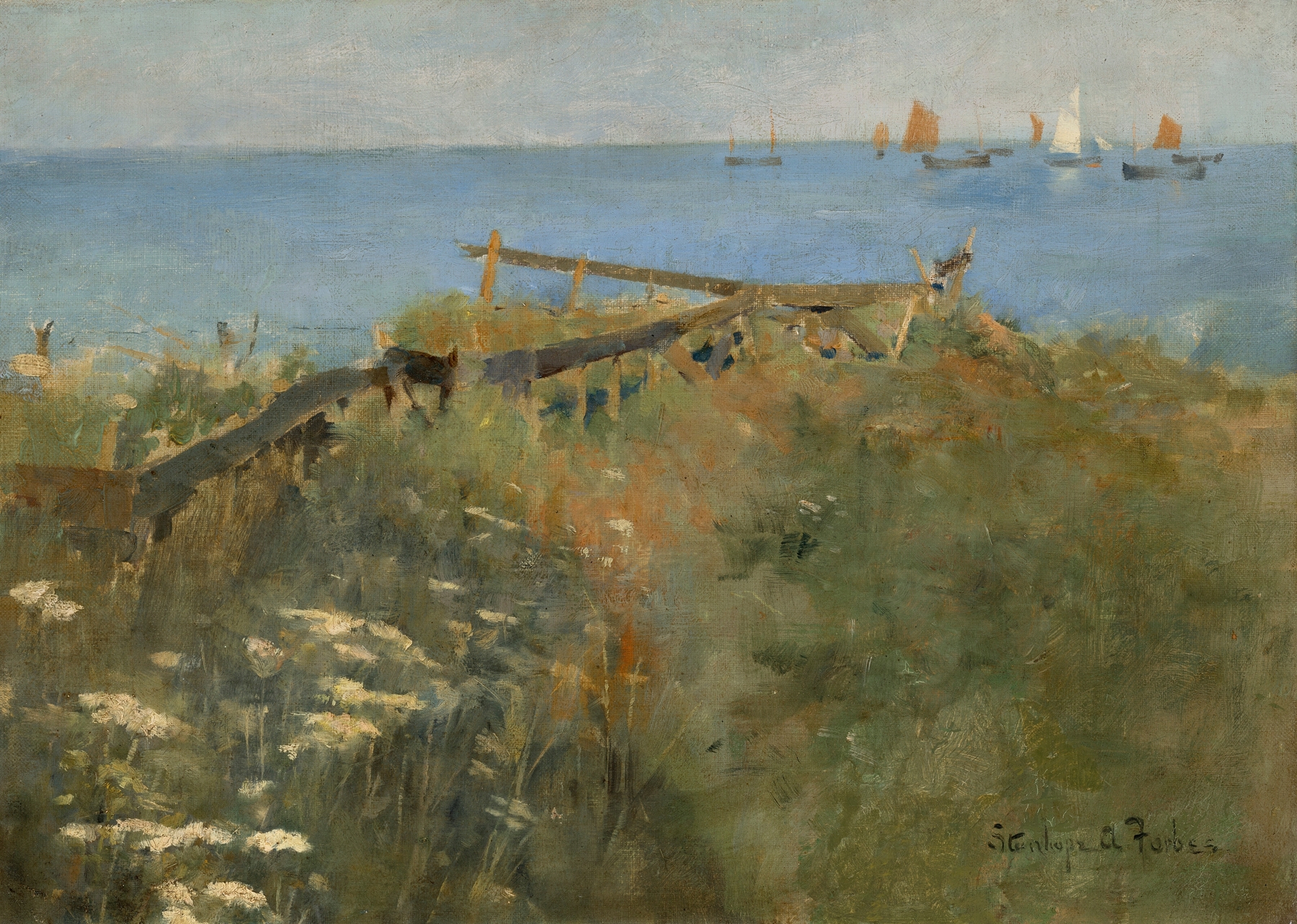 Coastal scene with fishing boats by Stanhope Alexander Forbes, oil painting