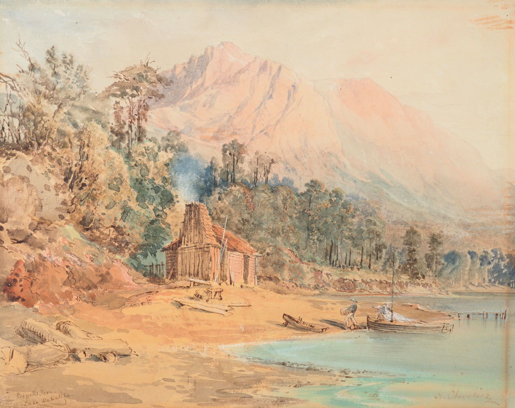 Bennell’s Store, Lake Wakatipu, oil on canvas by Nicholas Chevalier, featuring a store with mountains and a lake.