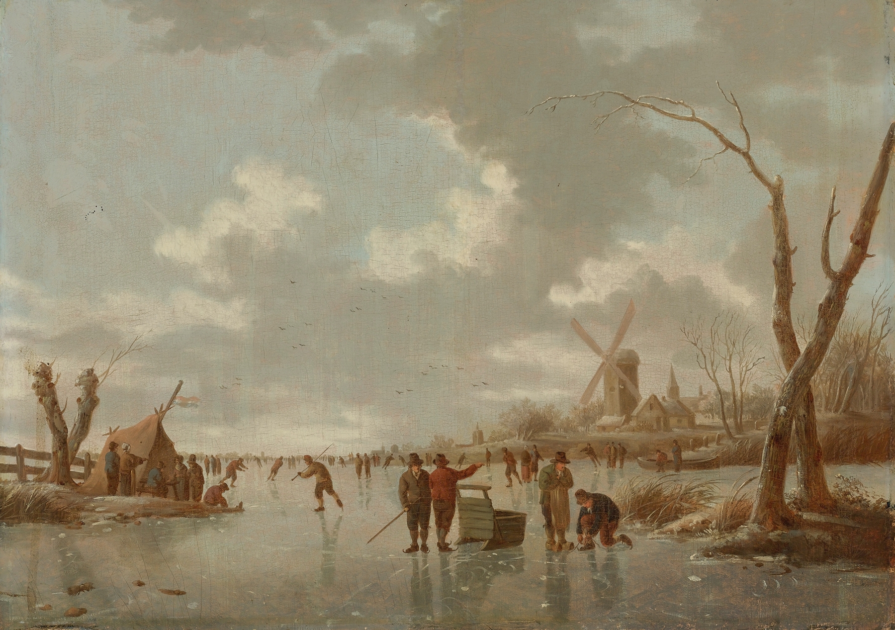 Winter scene with skaters on a frozen river by Hendrik Willem Schweickhardt, oil painting