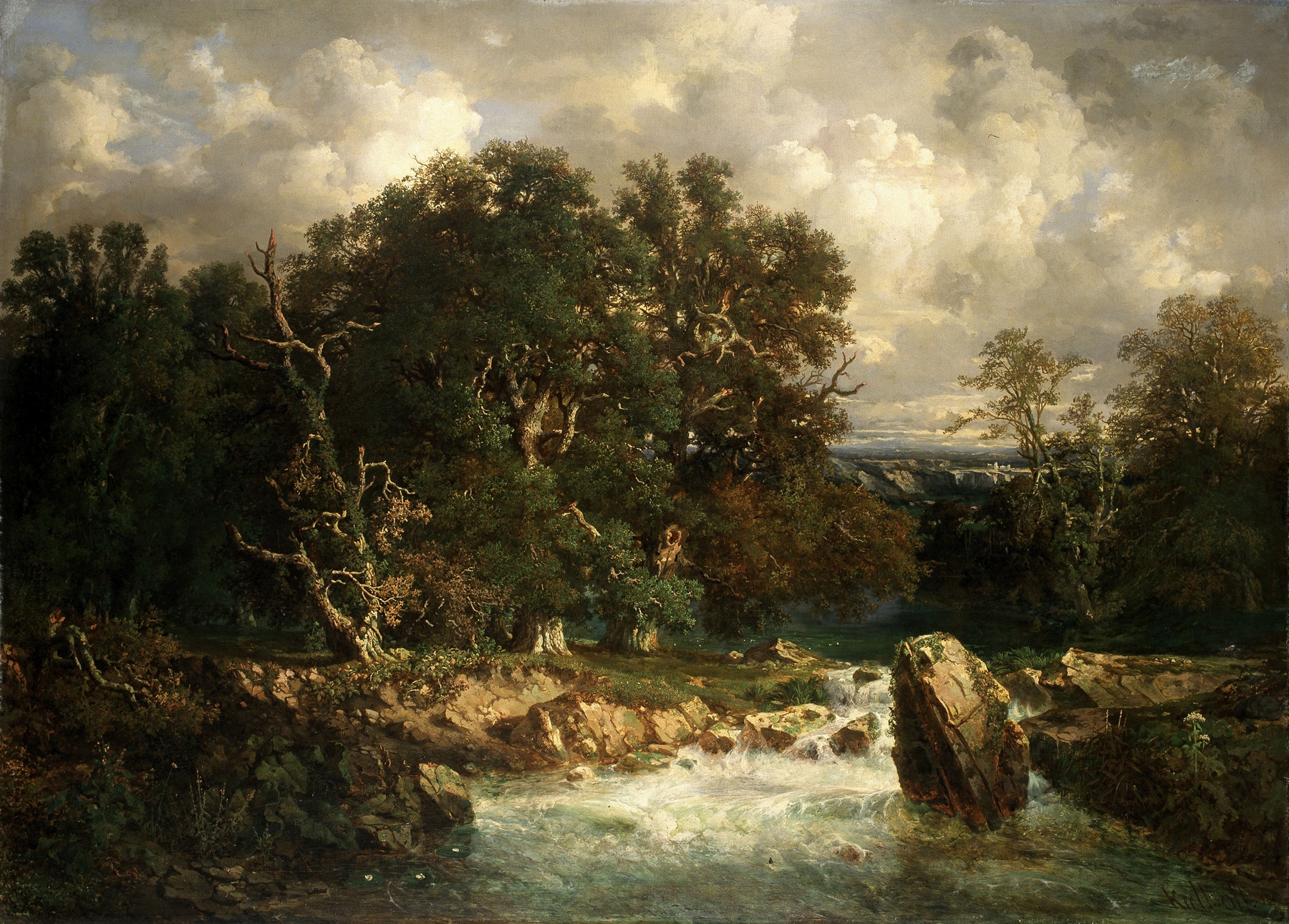 River Landscape by Frans Keelhoff, oil painting depicting a river and sky with sunlight reflections.