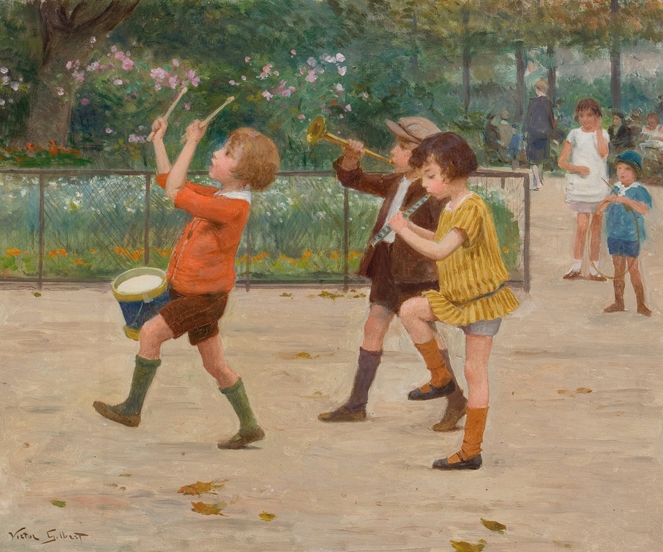 A charming depiction of children playing music in a lively setting.