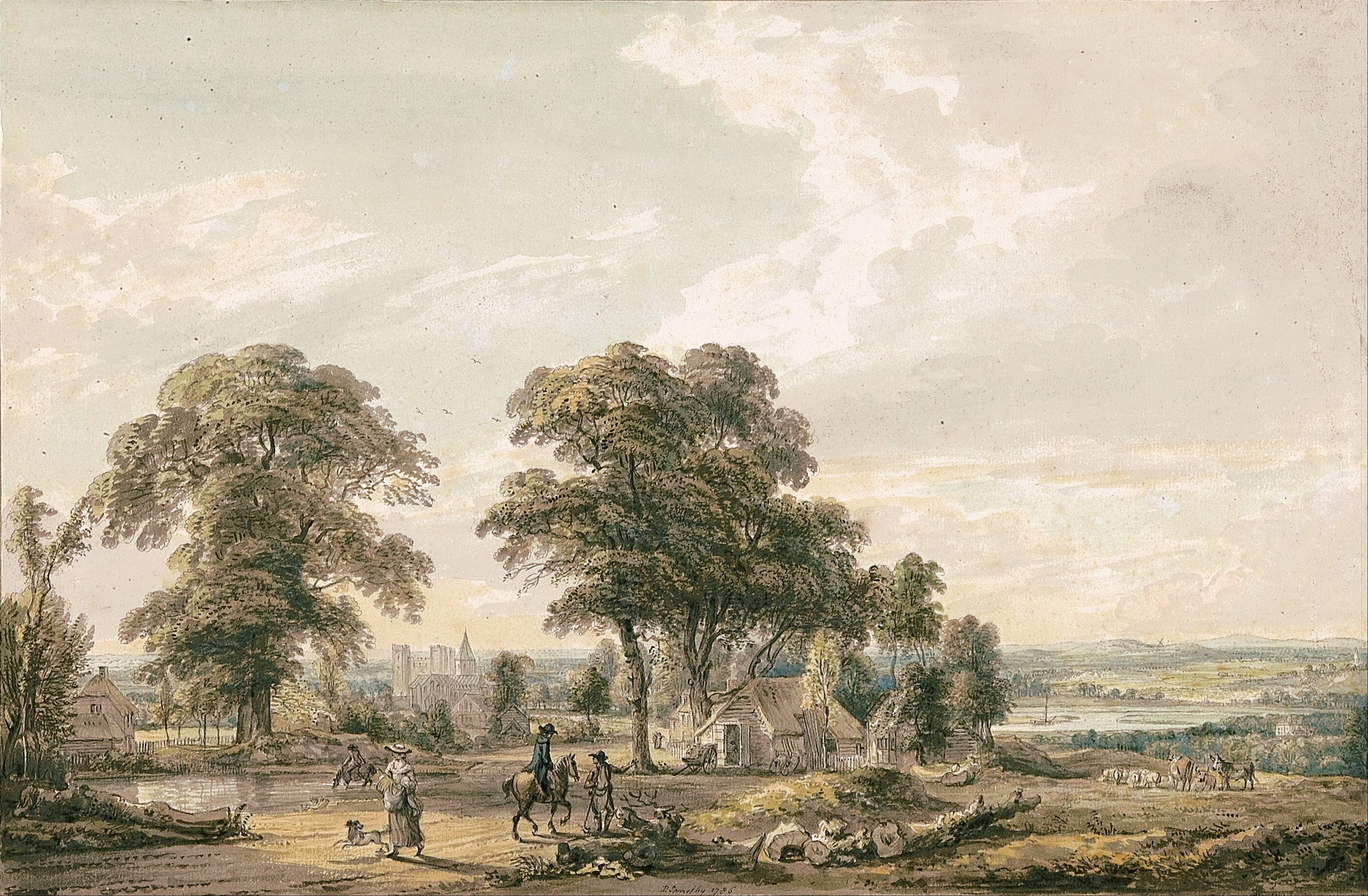 Approaching Rochester and the Medway by Paul Sandby, oil painting depicting rolling hills and a river
