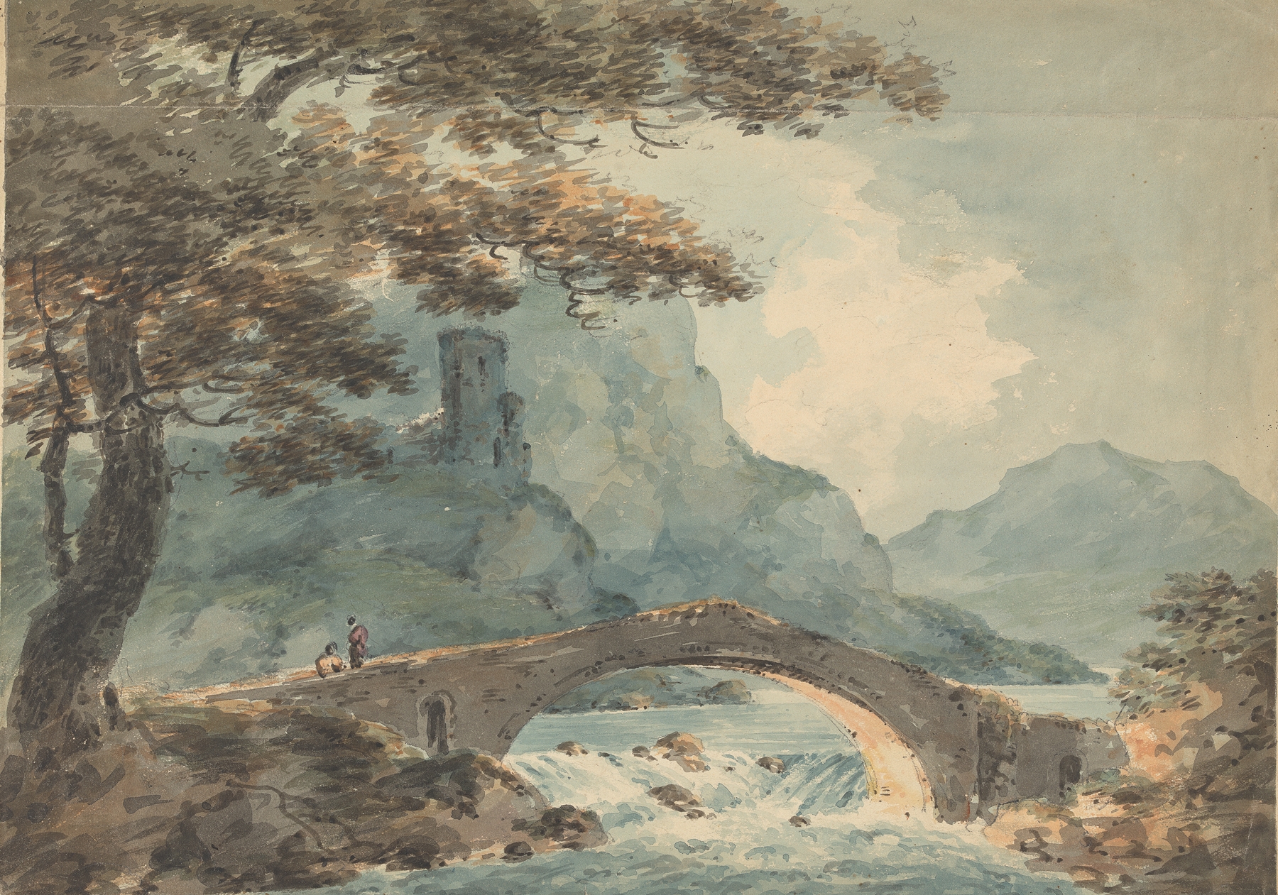 Two men on a bridge at dawn, oil painting by William Sawrey Gilpin