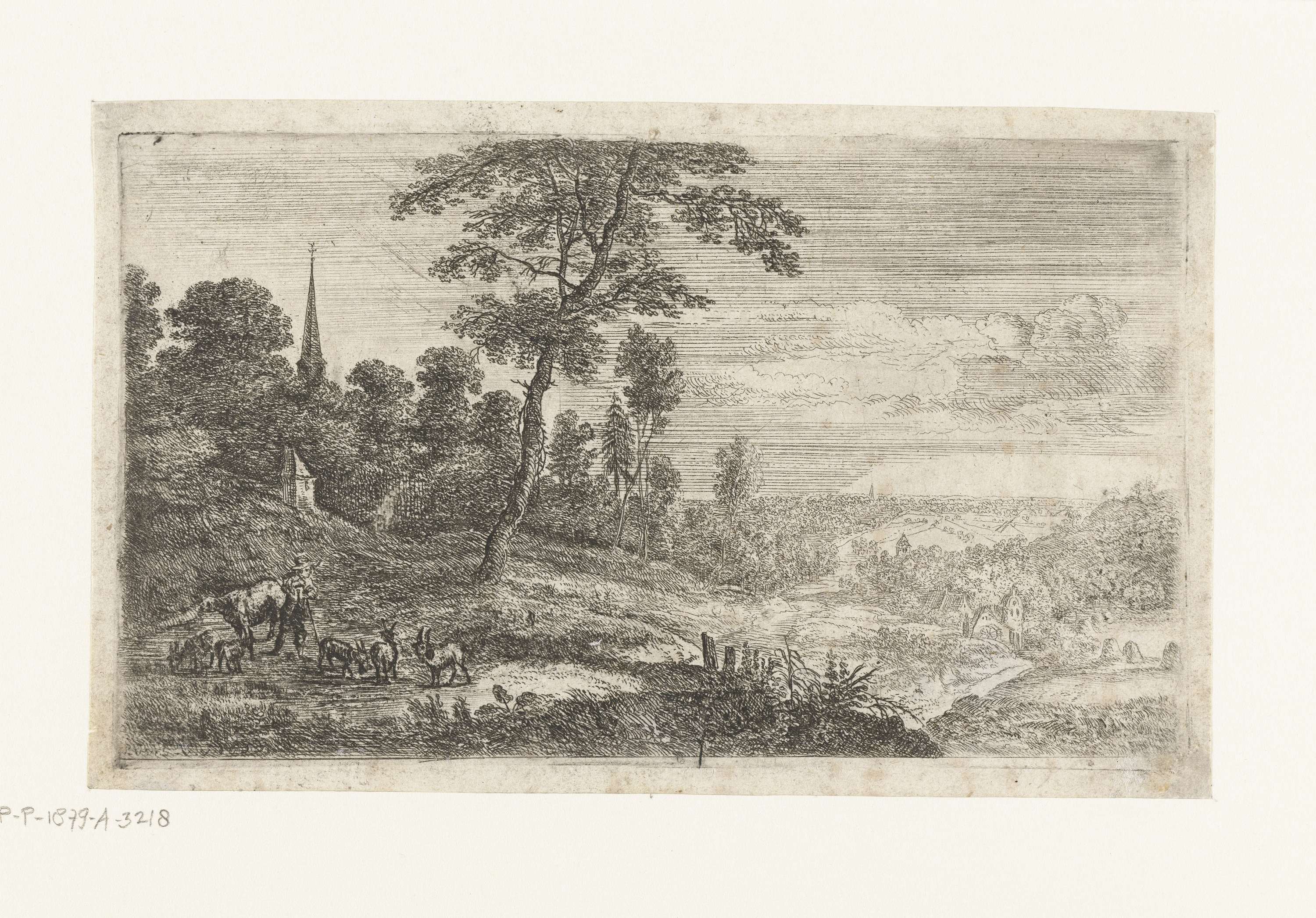 Landschap met een veehoeder by Lucas van Uden, etching of a herdsman with cattle in a landscape.