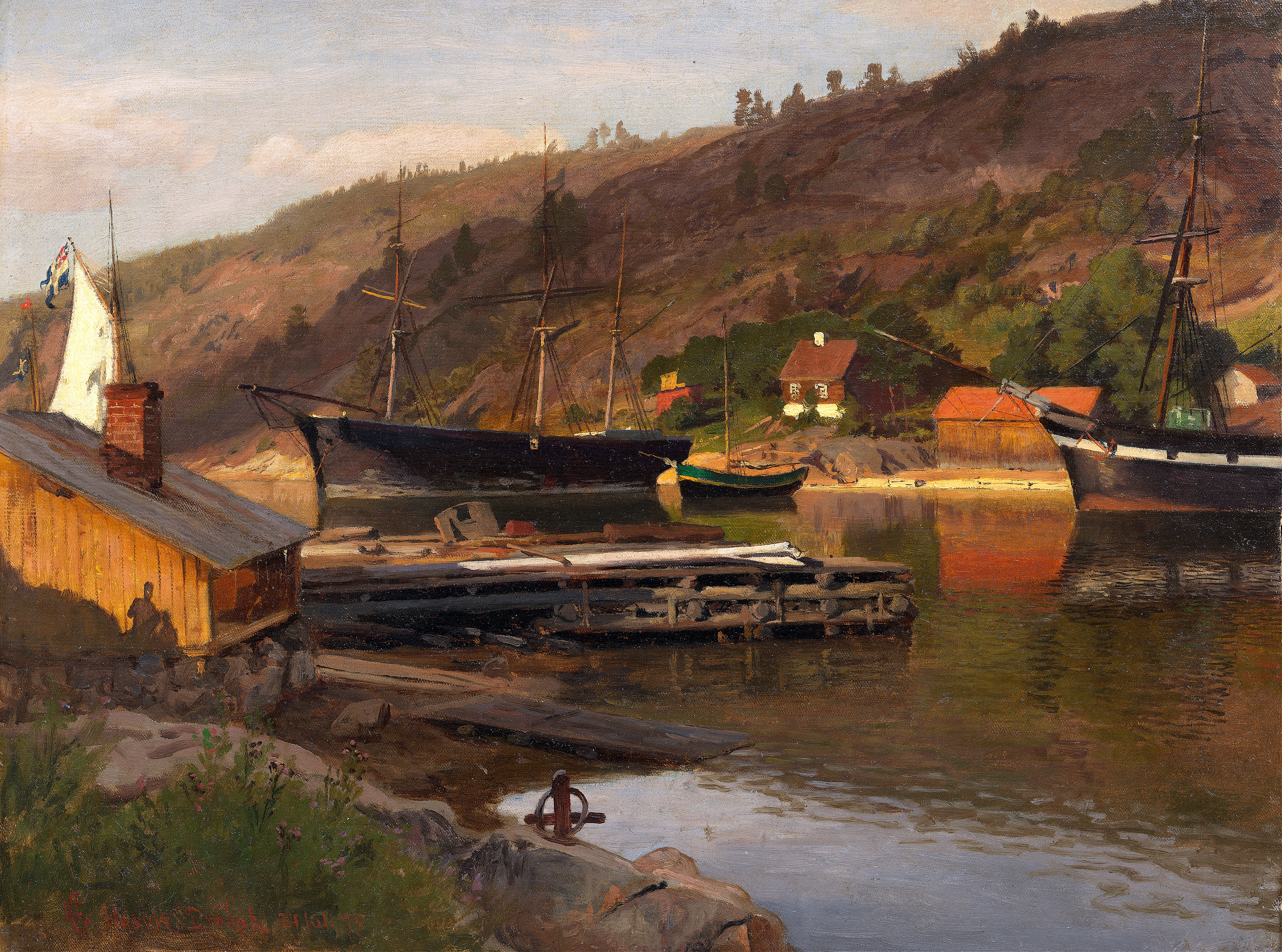 Landingsbrygge Husvik, Drøbak by Hans Gude, oil on canvas depicting boats and water reflections.