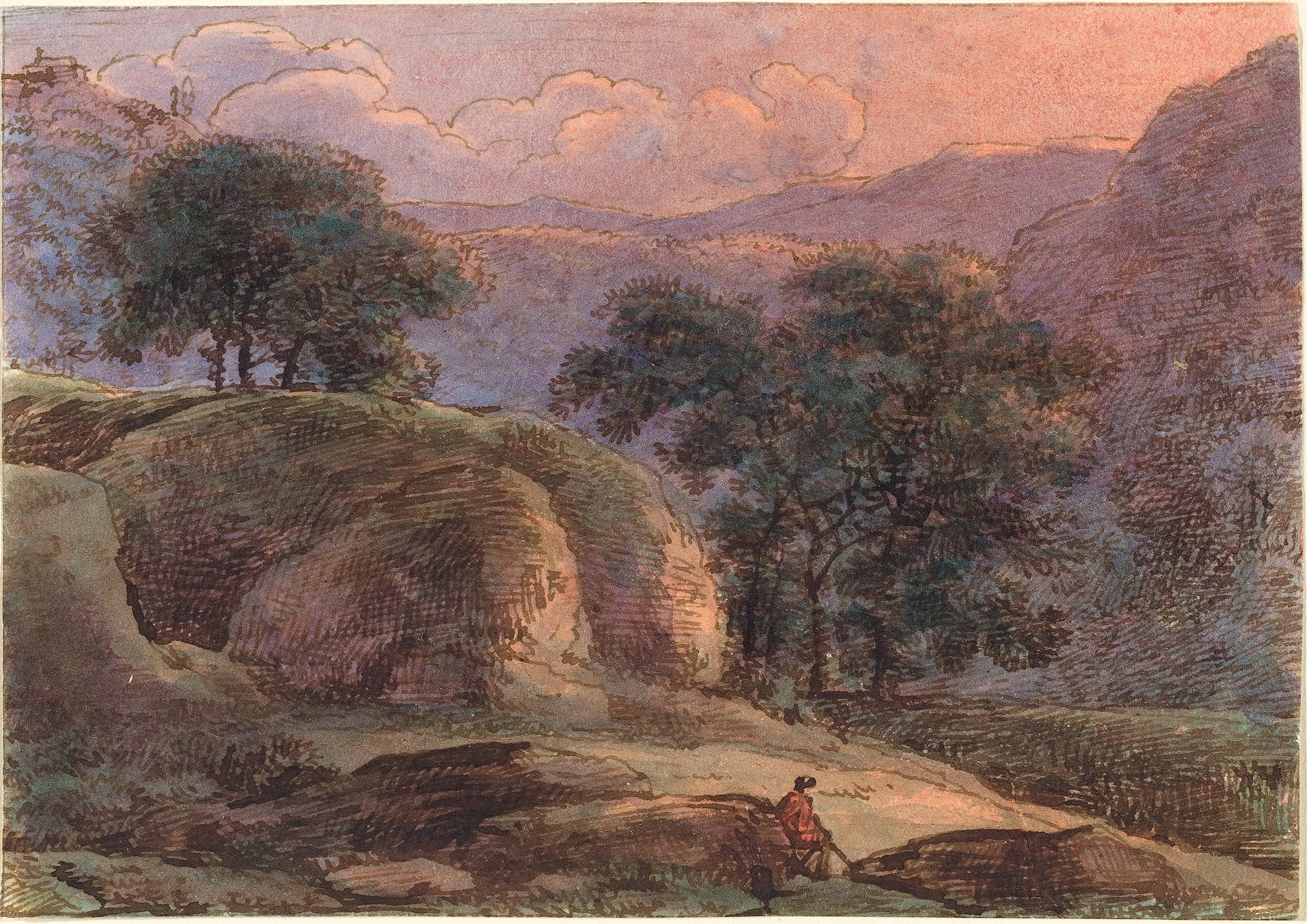 Traveler in a Mountainous Landscape at Sunset, by Franz Kobell, public domain
