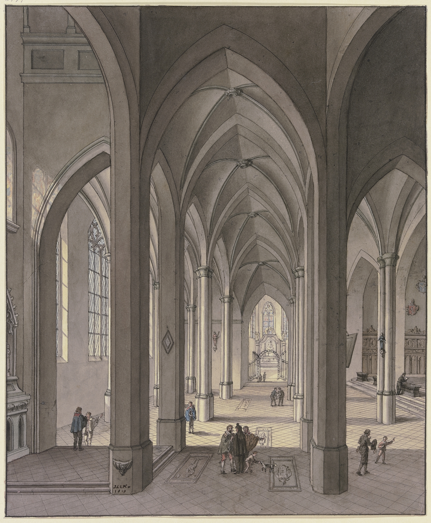 Interior of a Gothic cathedral with figures in 17th-century attire, oil on canvas by Johann Ludwig Ernst Morgenstern.