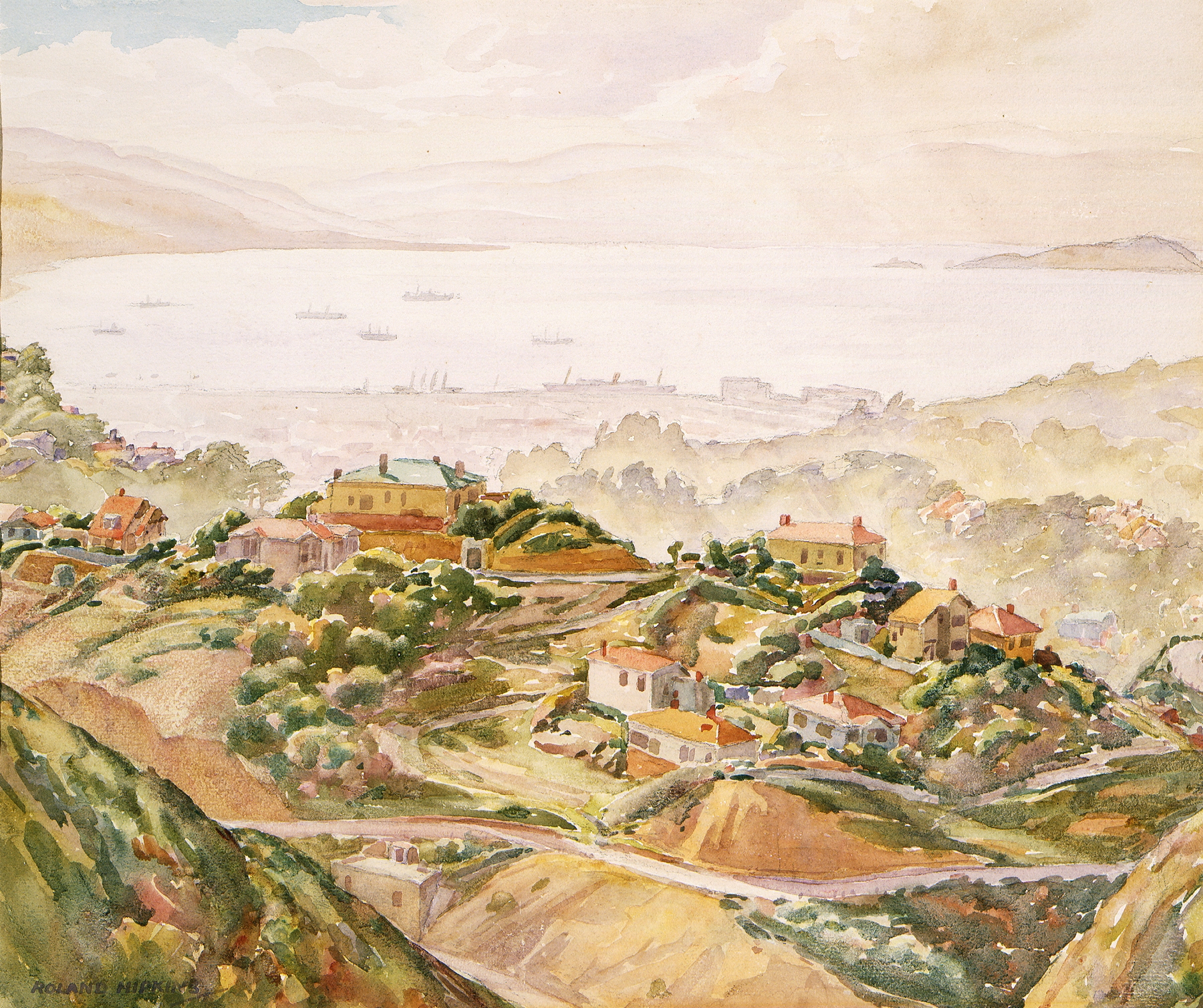 Wellington Harbour from Karori, oil painting by Roland Hipkins