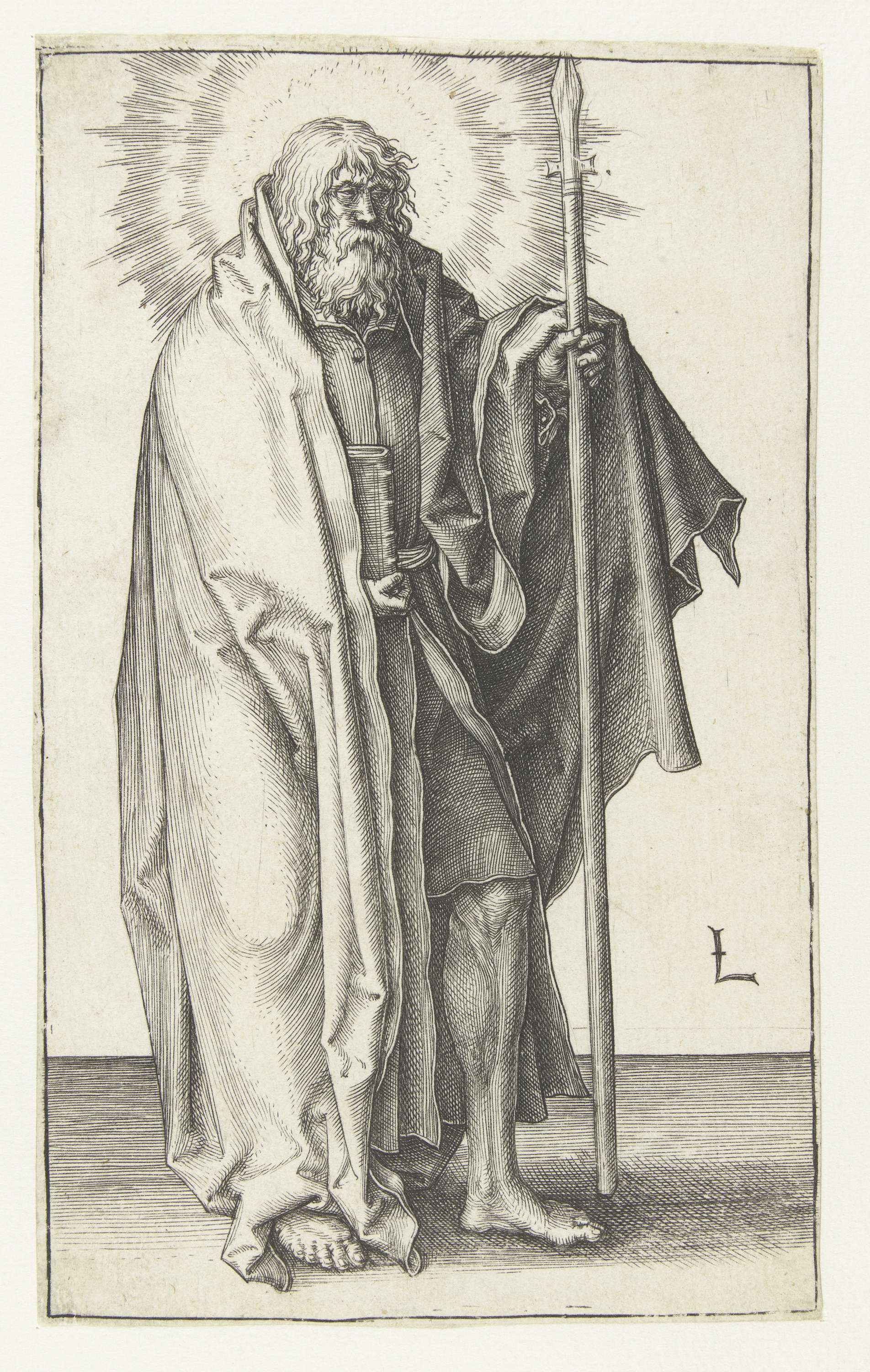 Engraving of De apostel Thomas by Lucas van Leyden, showing the apostle in a moment of doubt.