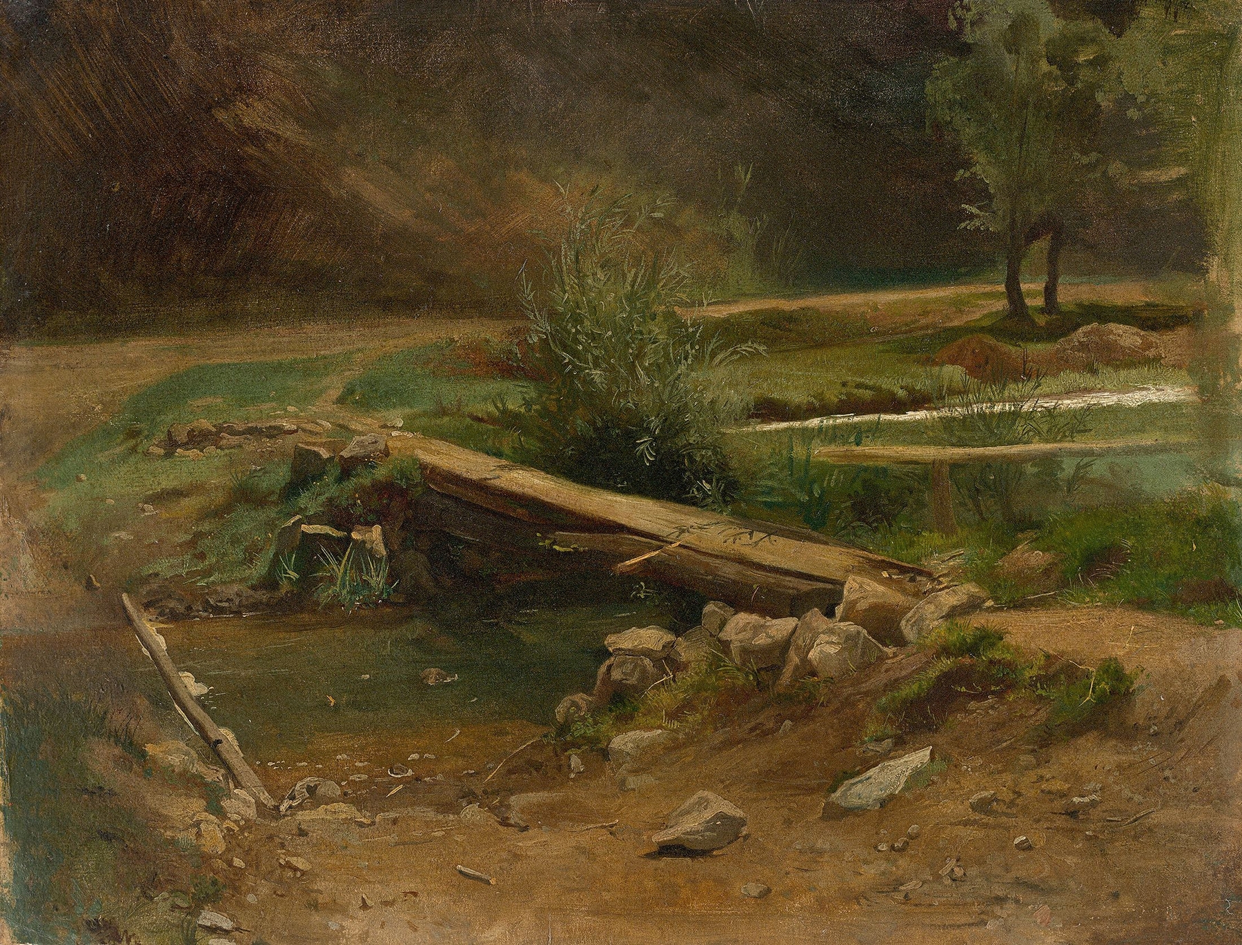 Bridge over a stream, by Christian Friedrich Gille, public domain