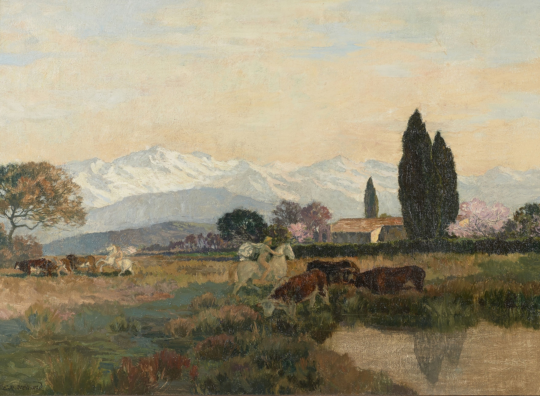 Landscape with antique cavaliers and horses, oil on canvas by Émile-René Ménard