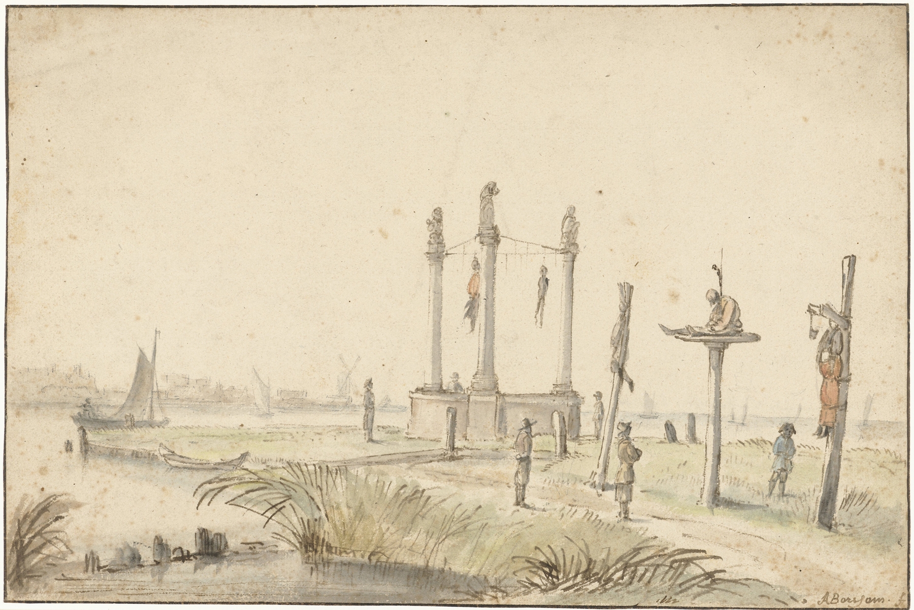 Gallows in a tranquil Dutch countryside, oil on canvas by Anthonie van Borssom