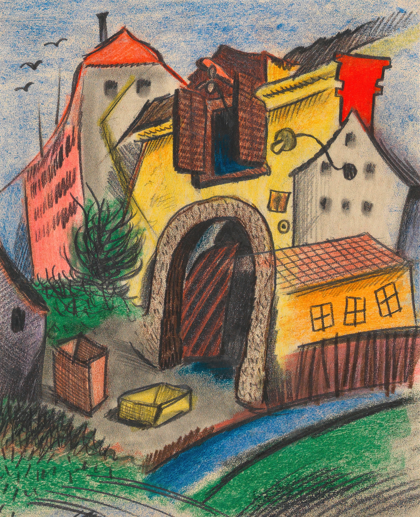 Expressionism artwork by Karl Wiener, depicting shadows and ruins in Vorstadt VII
