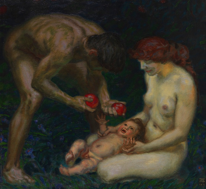 Franz von Stuck's 'Adam und Eva (Die Familie)' explores themes of creation and familial bonds.