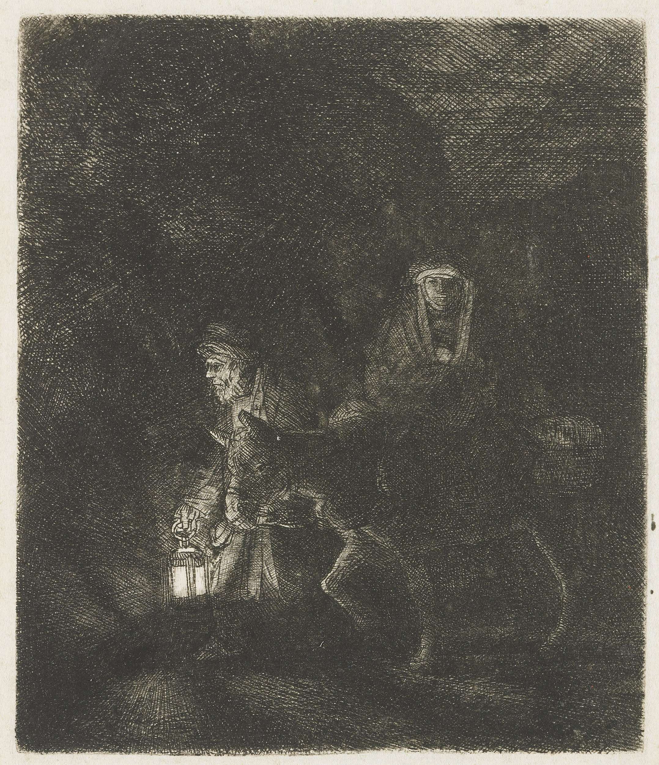 The flight into Egypt: a night piece, by Rembrandt van Rijn, public domain