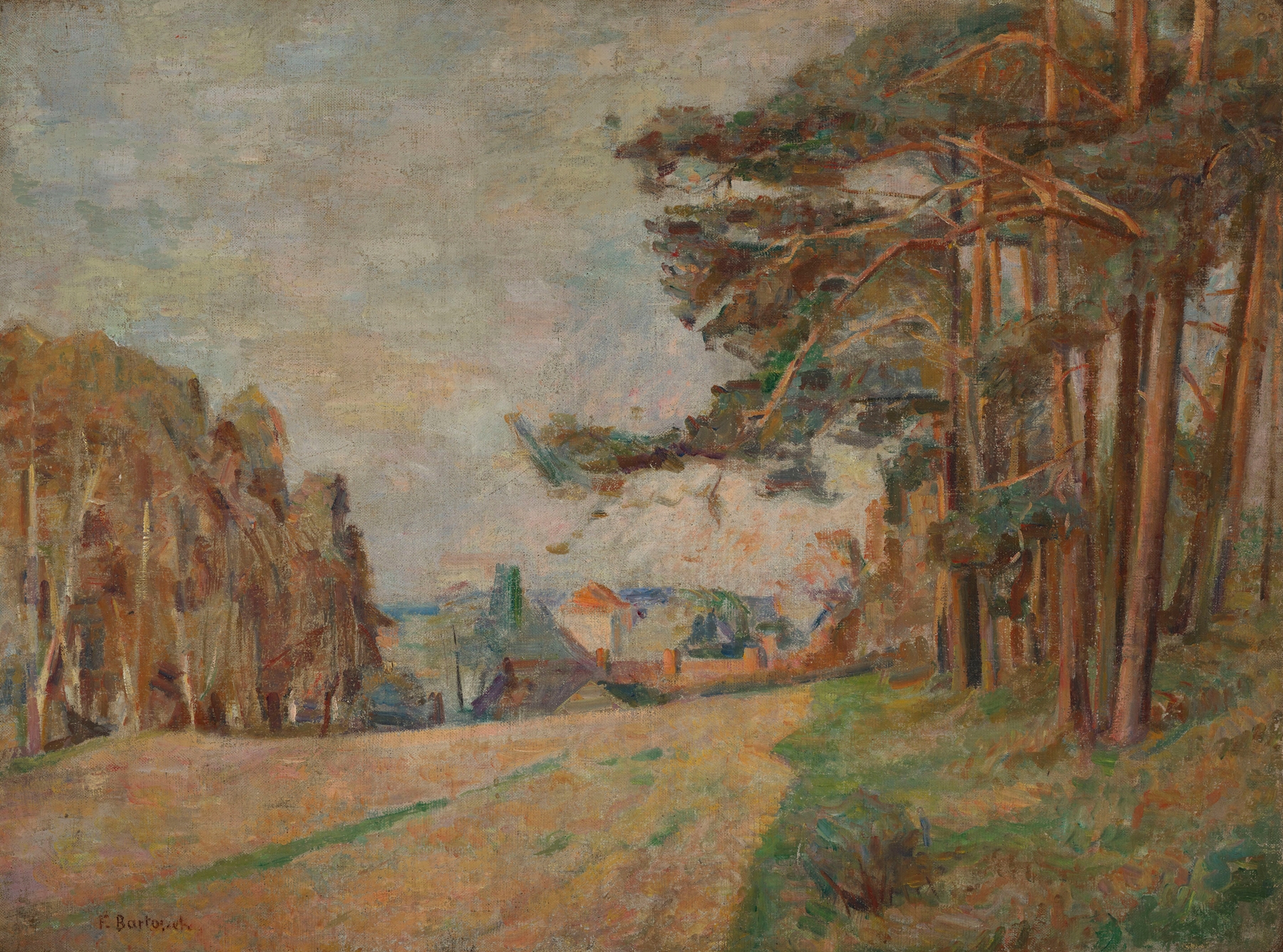 Landscape with Pine Trees by Franciszek Bartoszek, oil on canvas depicting lush greenery and a blue sky.