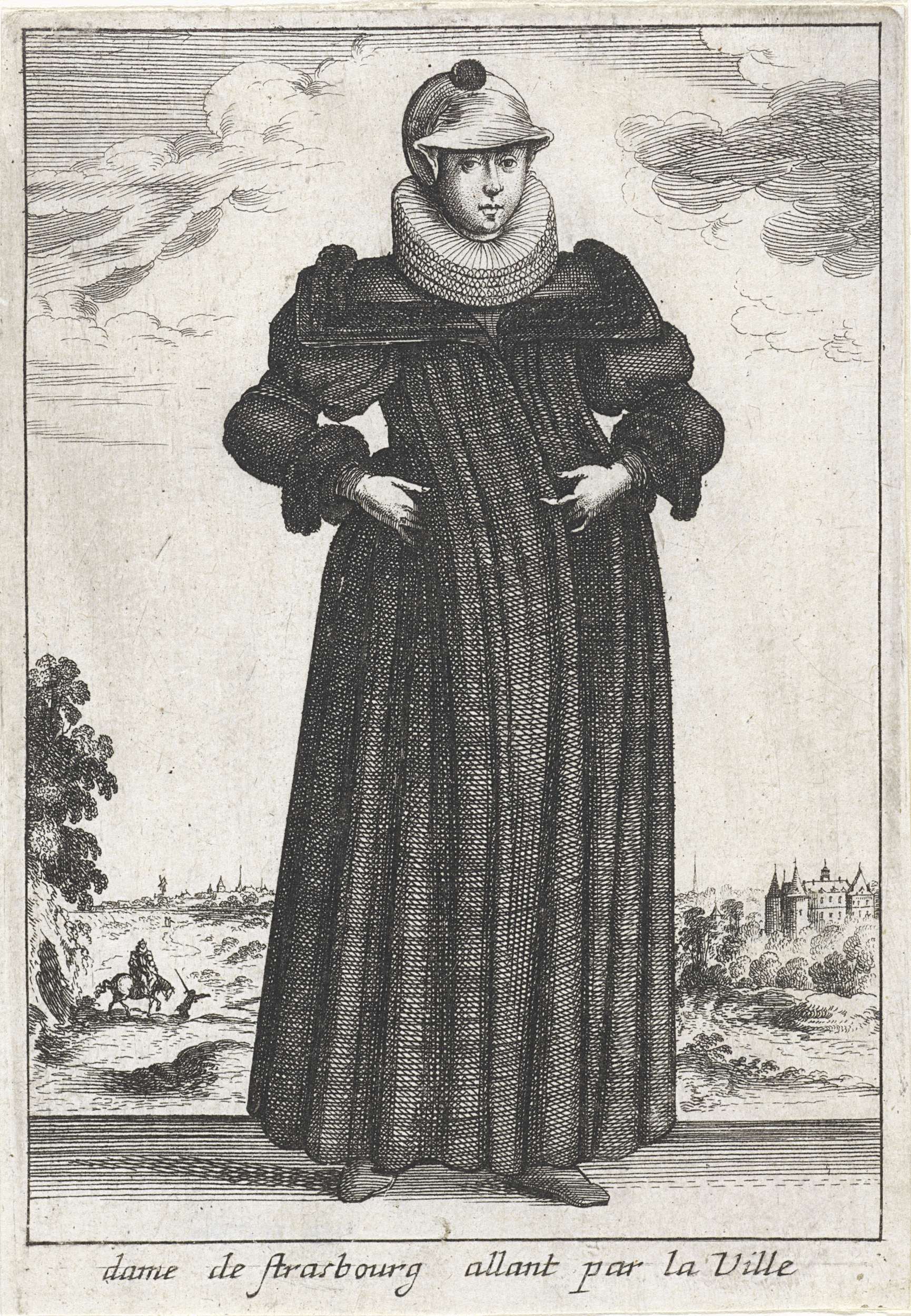 Dame de Strasbourg allant par la Ville, etching by Unknown Artist, depicting a woman in flowing garments on Strasbourg streets.