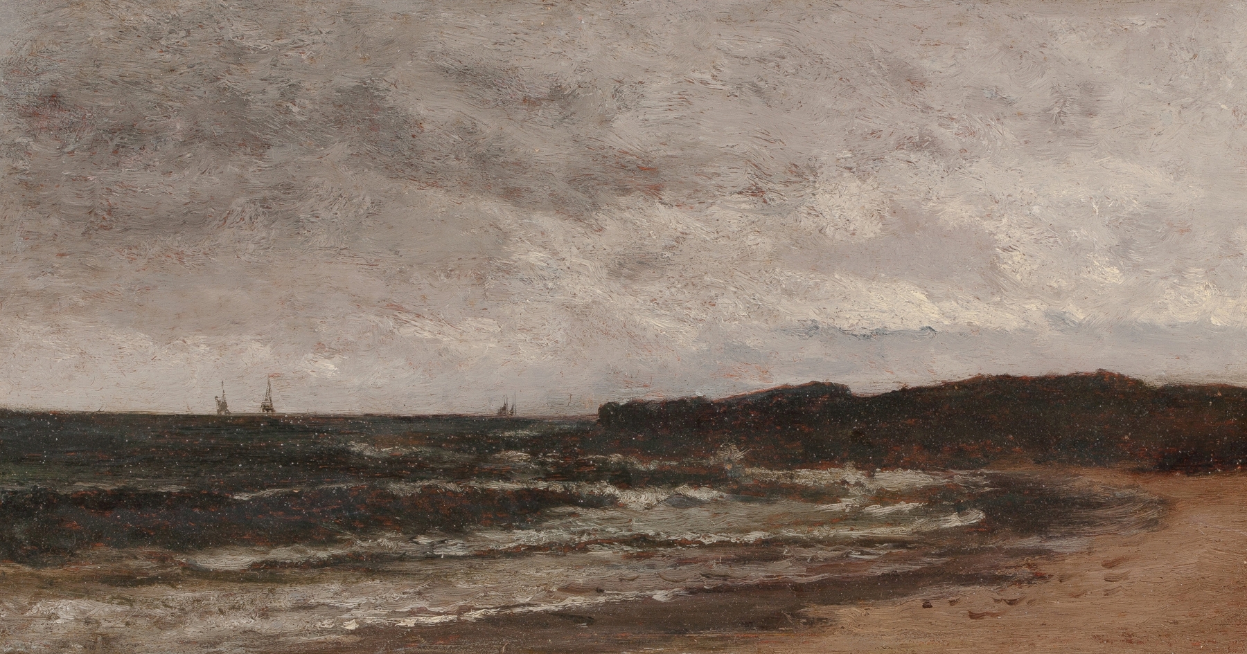 Seascape of Singing Beach in 1882 by American School, featuring waves and sandy shores.