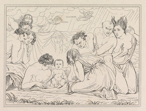 This painting depicts the infant Shakespeare surrounded by personifications of Nature and the Passions.