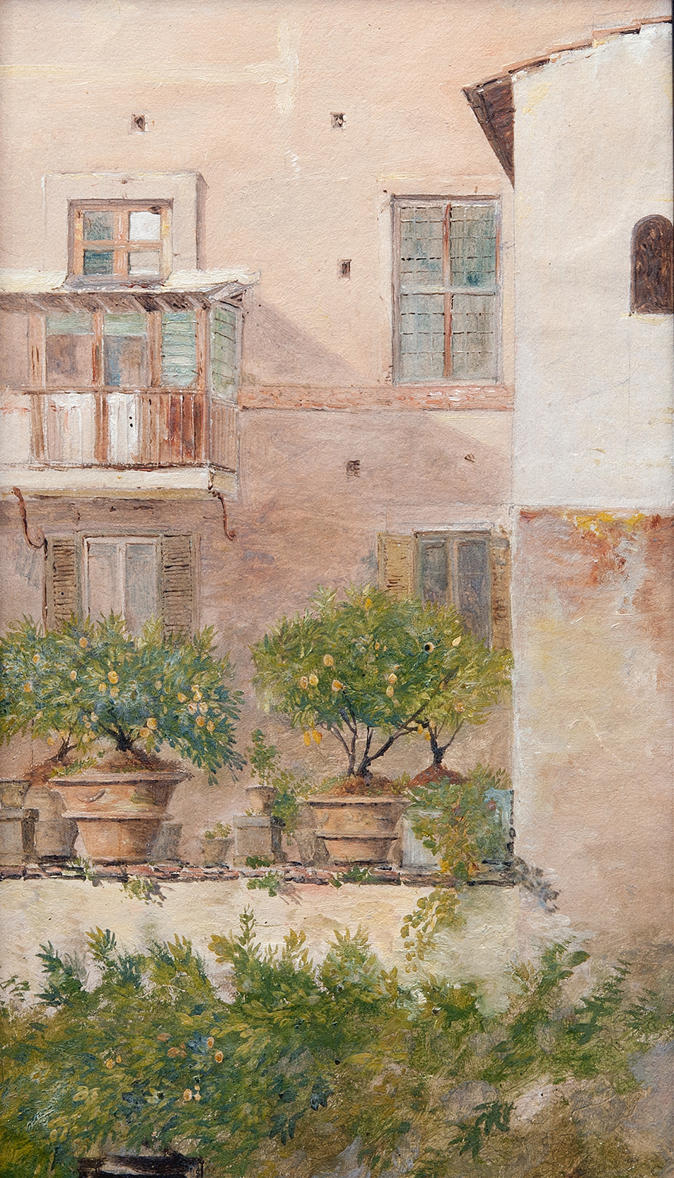 Patio with lemon trees in flowerpots, oil on canvas by Lars Jacob von Röök
