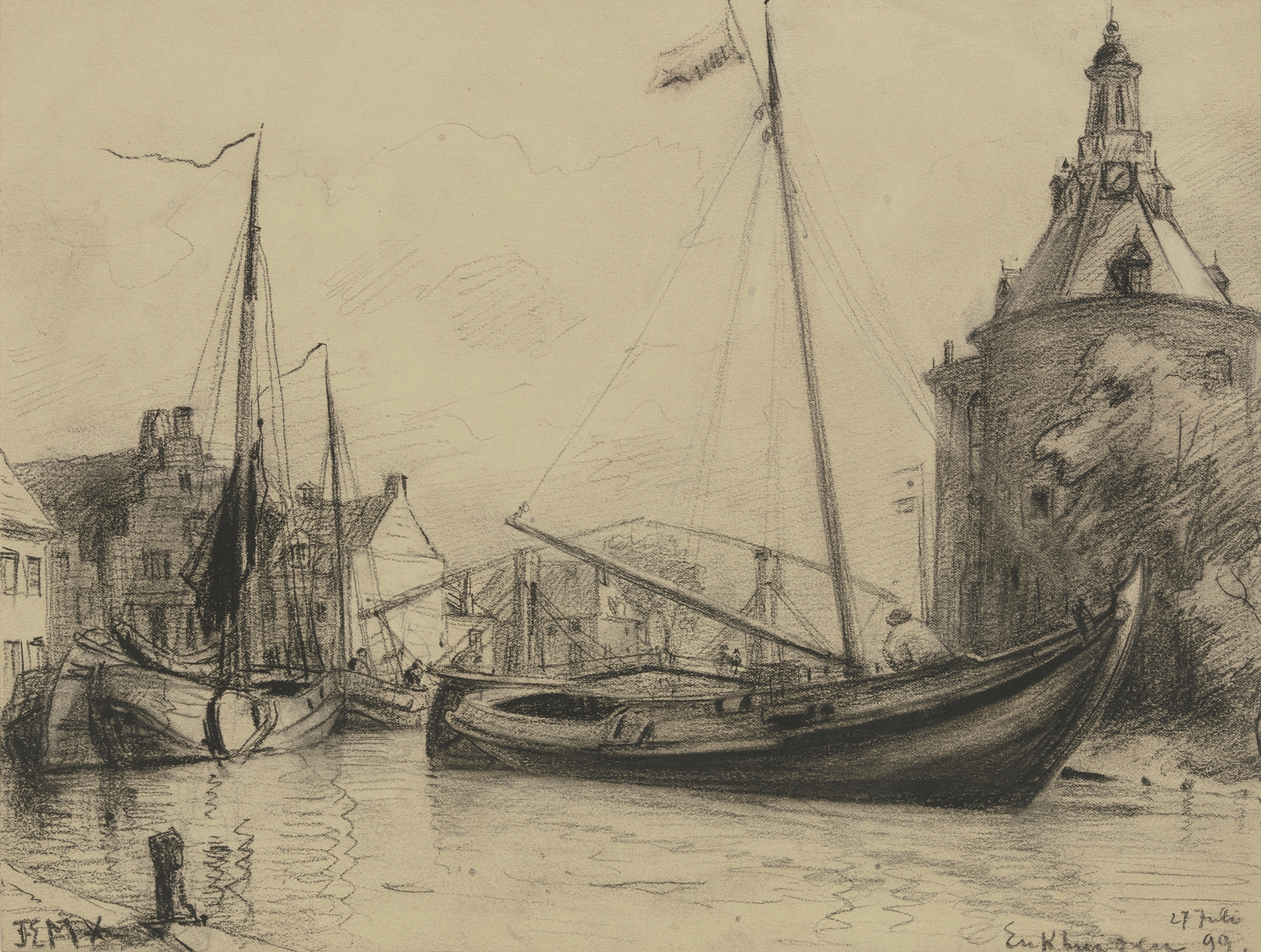 Channel with Fishing Boats by Friedrich Ernst Morgenstern, oil painting depicting boats on water