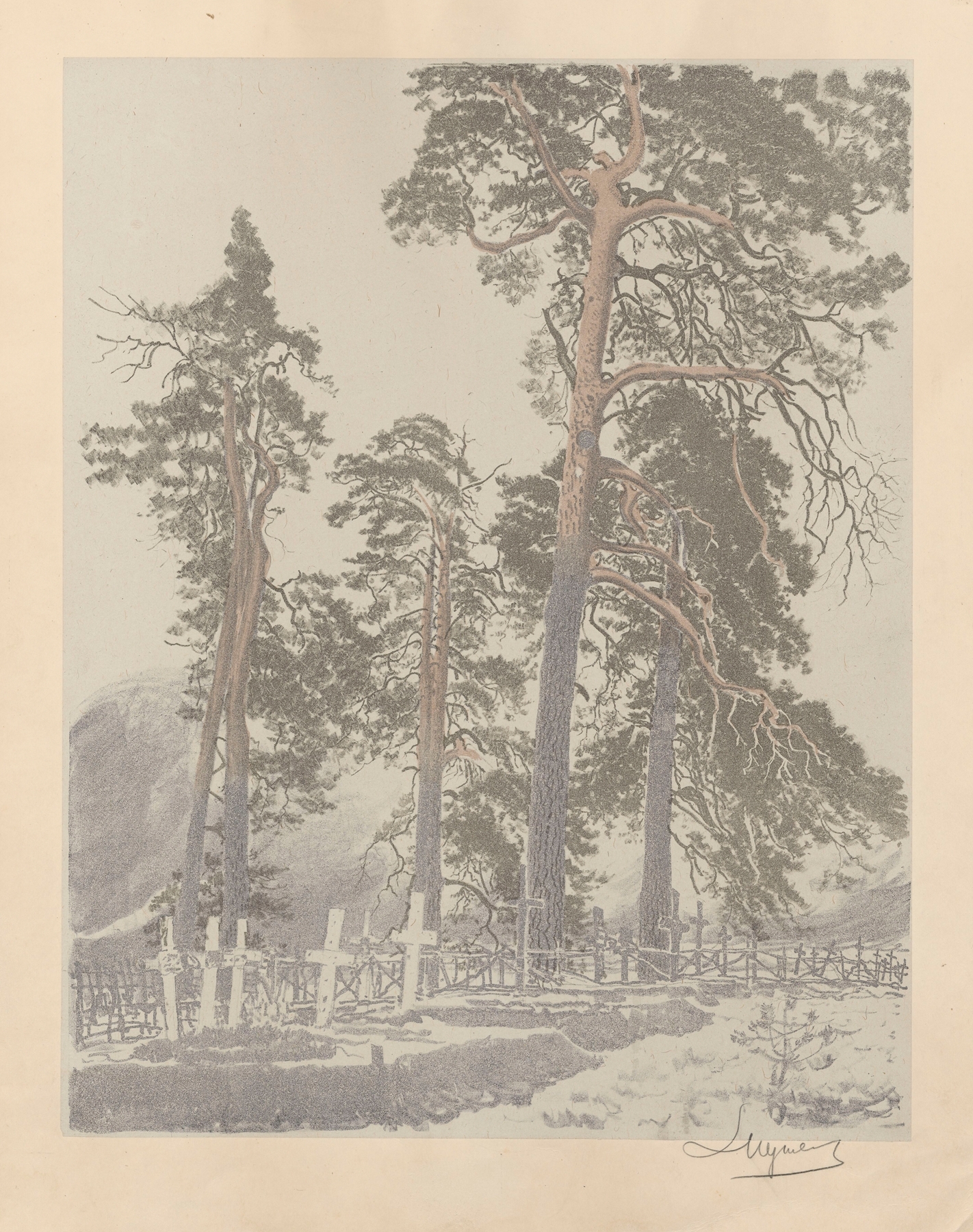 Cemetery in Vowchick, oil on canvas by Leon Wyczółkowski, featuring gravestones and trees.
