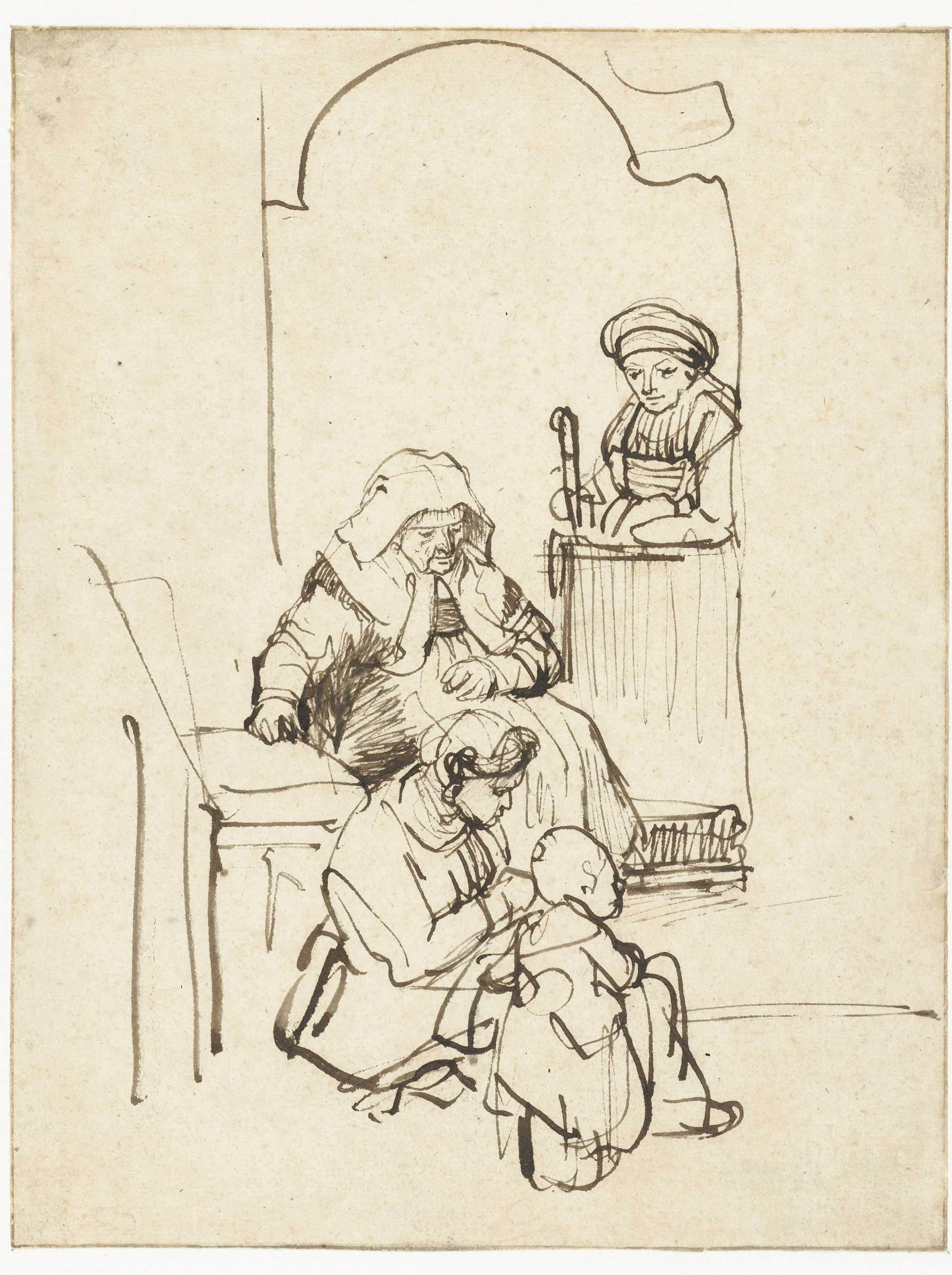 Three women and a child by a door, oil on canvas by Rembrandt van Rijn