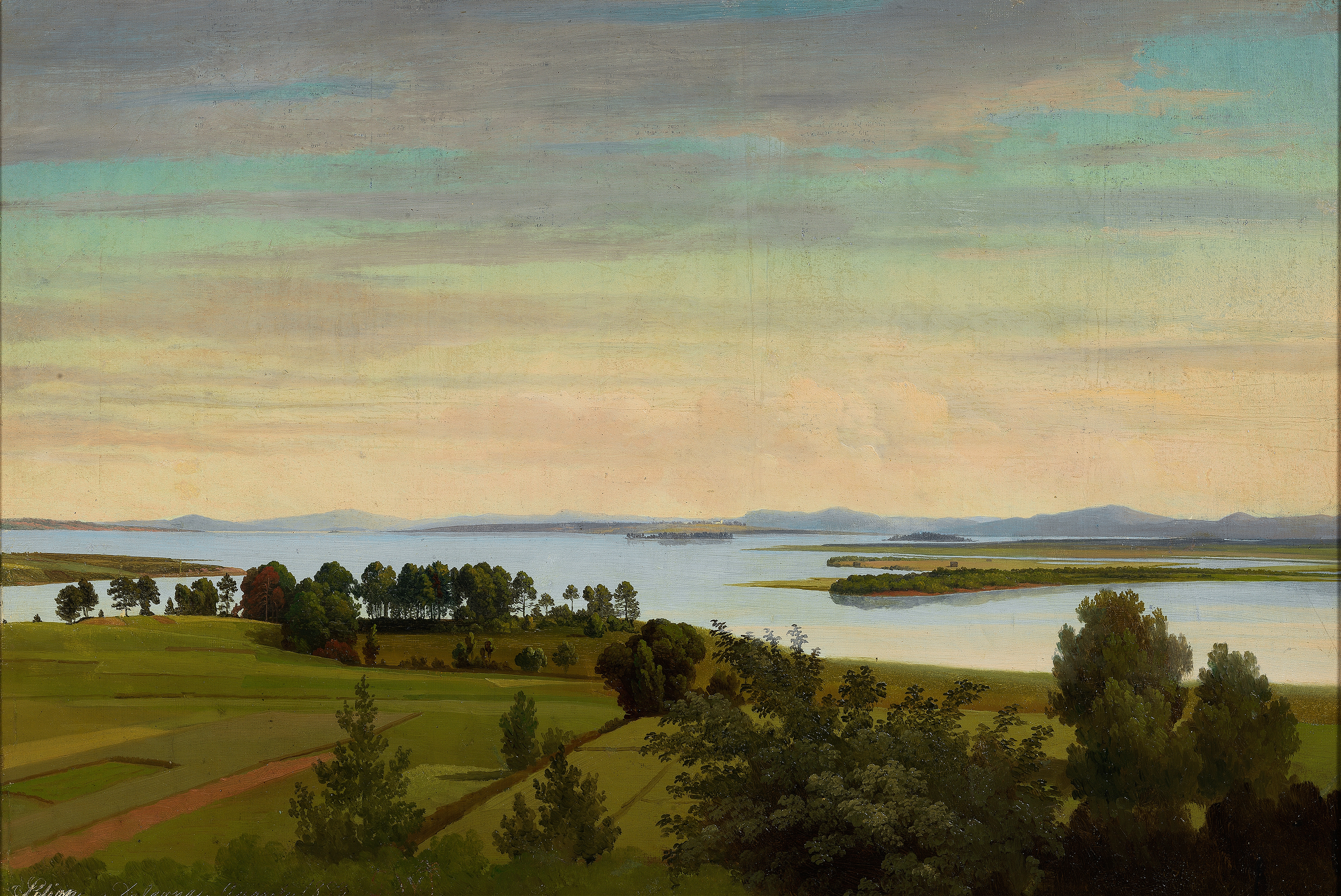 Lake Siljan. Study by Gustaf Wilhelm Palm, oil on canvas depicting tranquil water and horizon.