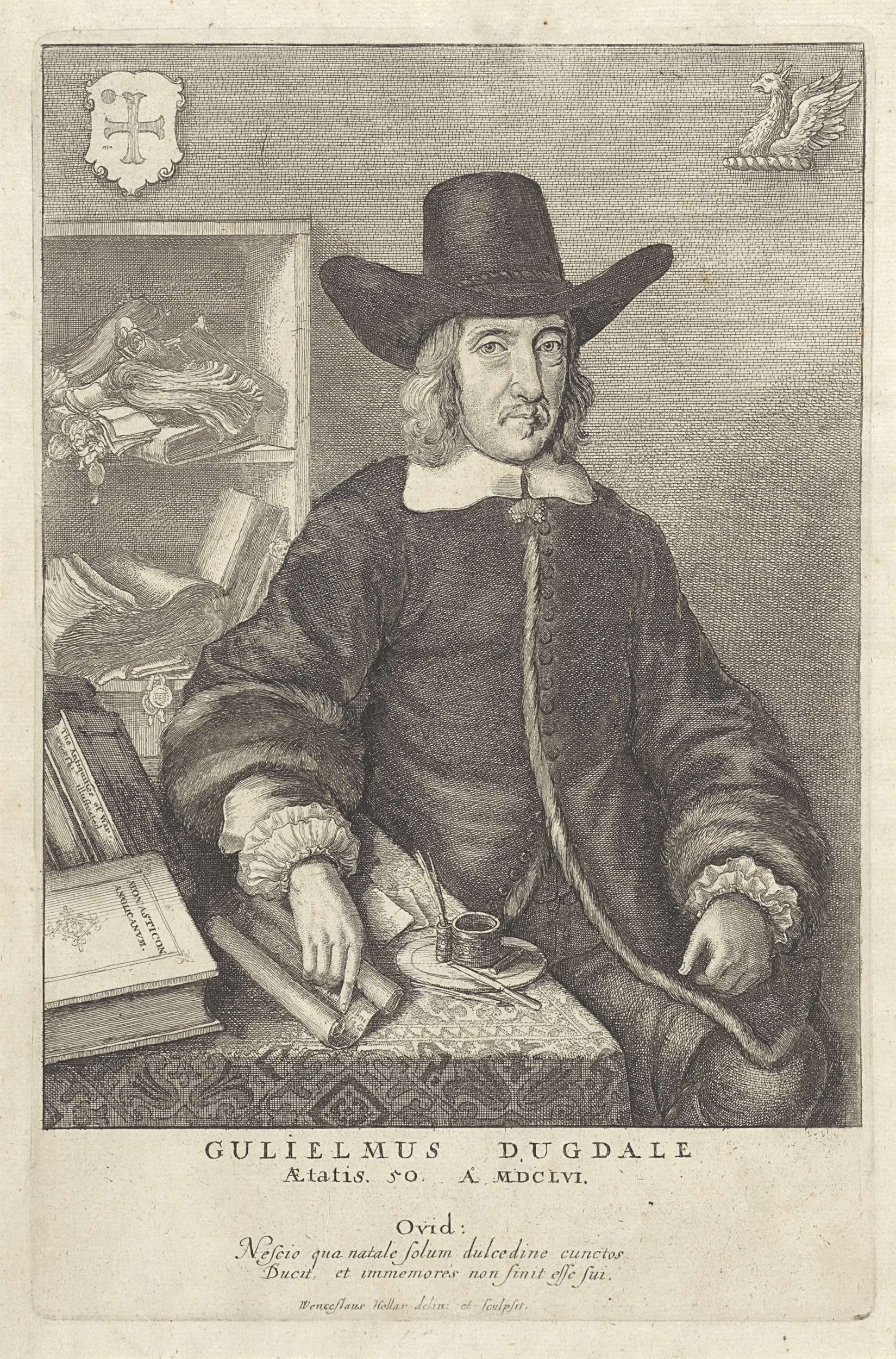 Etching of William Dugdale by Wenceslaus Hollar, featuring a thoughtful expression.