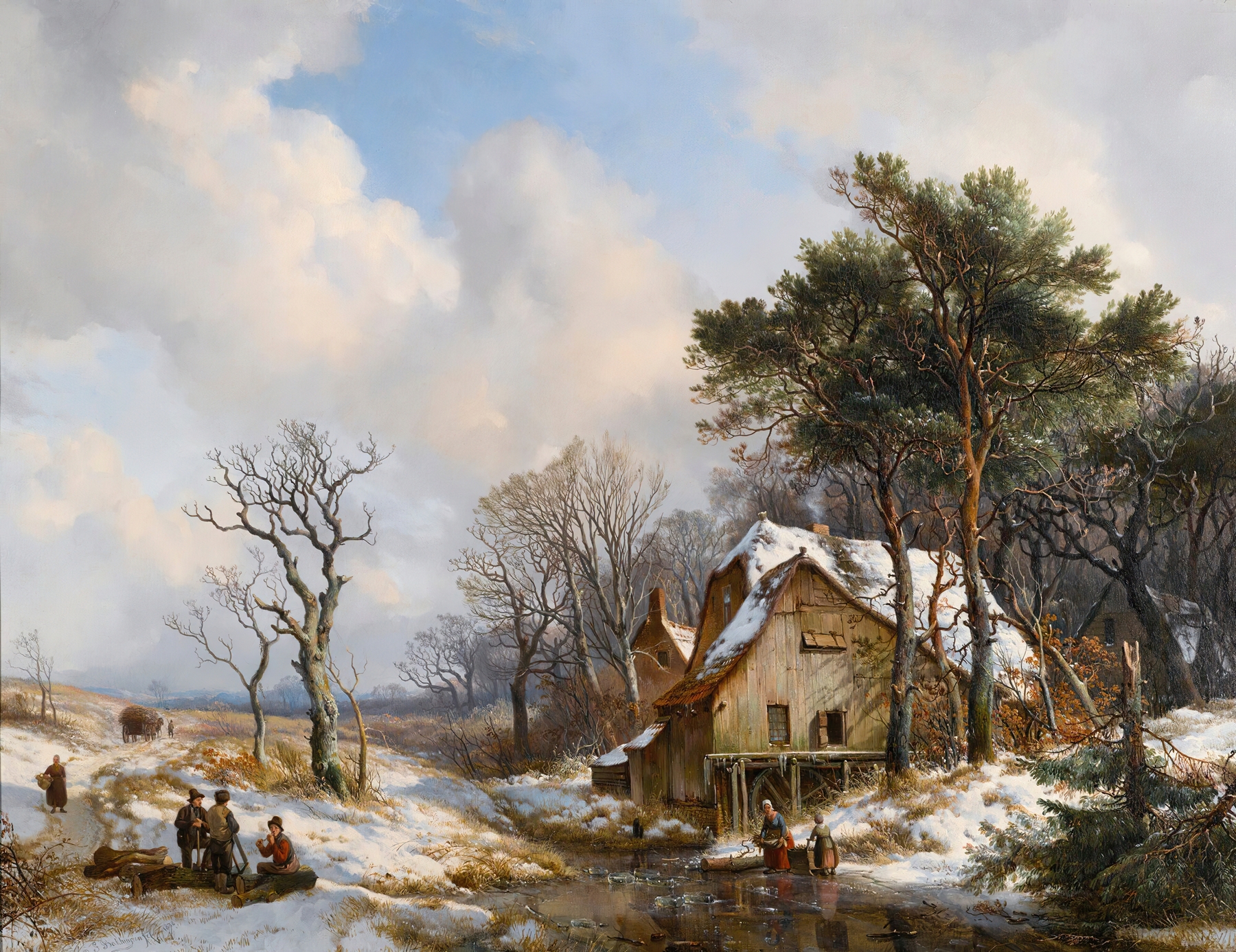 Skaters on a frozen stream, oil painting by Hendrikus van de Sande Bakhuyzen