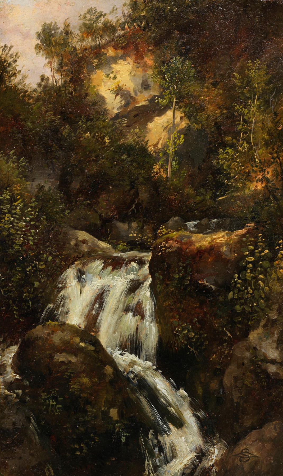 Felsenstudie mit Wasserfall (herabstürzender Wildbach, von Bäumen umgeben), by Carl Spitzweg, public domain