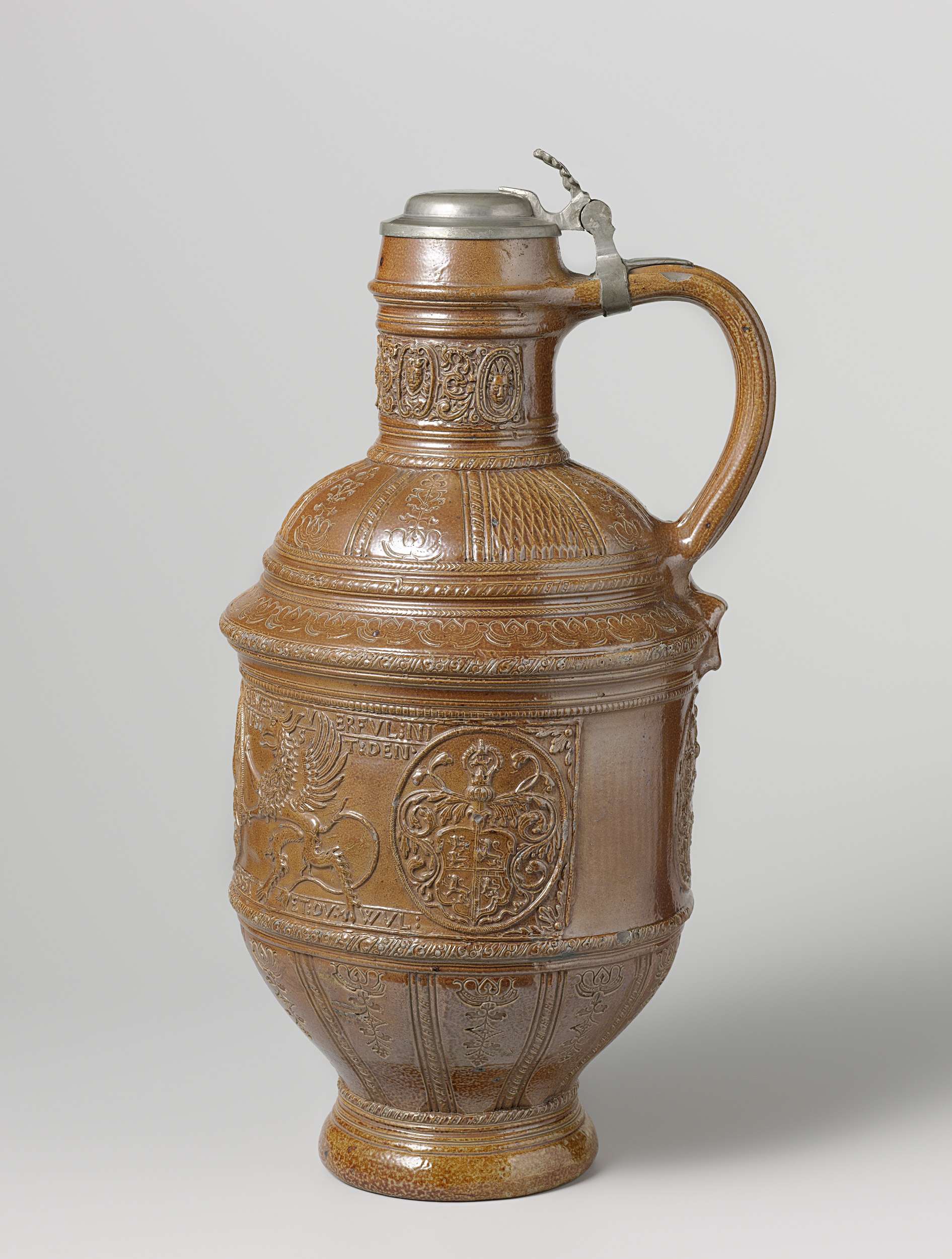 Ceramic jug featuring the arms of Saxony and Brunswick by Jan Baldems Mennicken