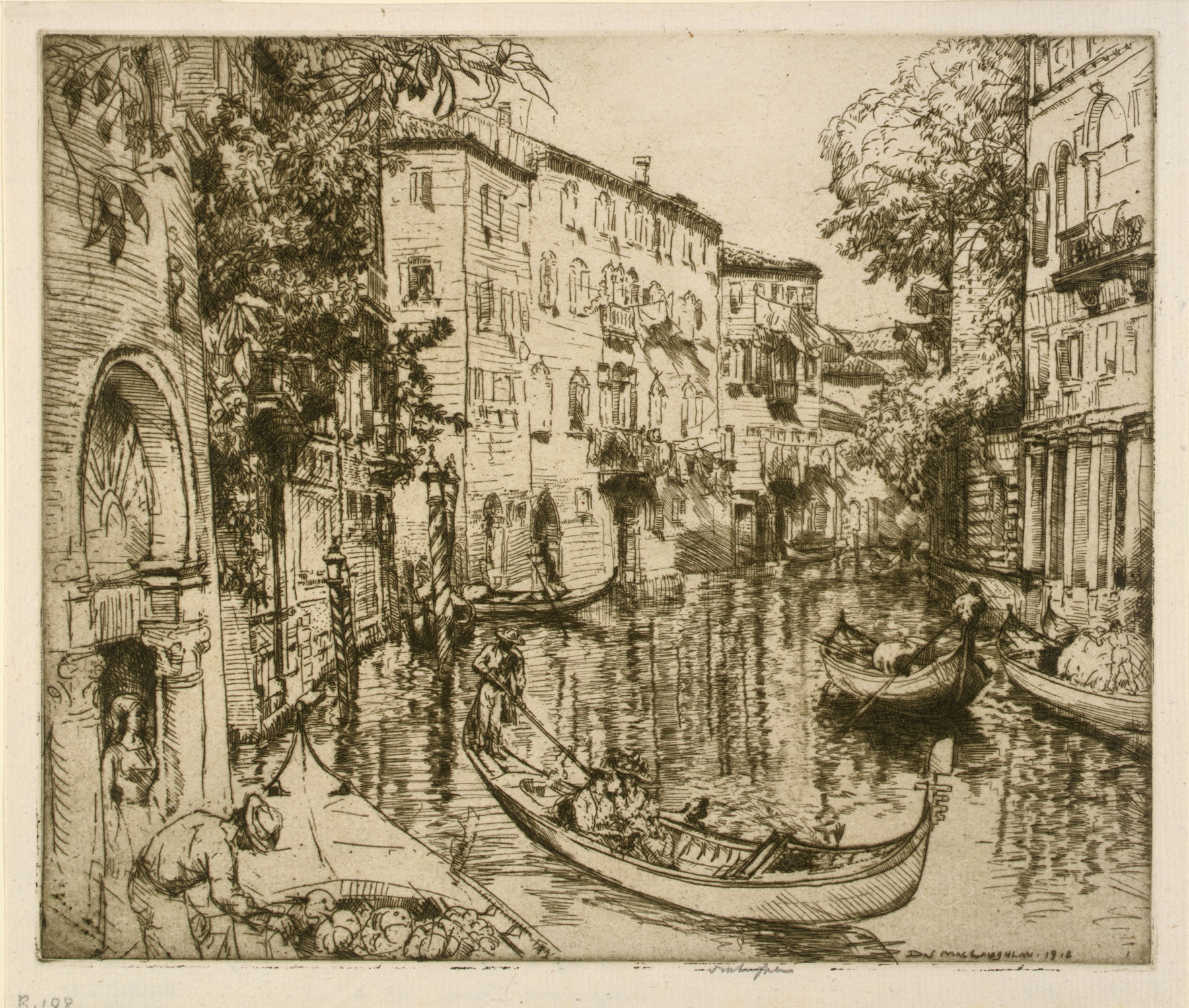 Oil painting by Donald Shaw MacLaughlan depicting a sunlit canal with reflections