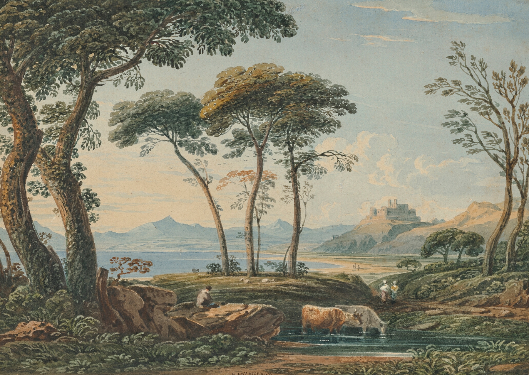 A distant view of Harlech Castle and Snowdon beyond, North Wales, by John Varley, public domain